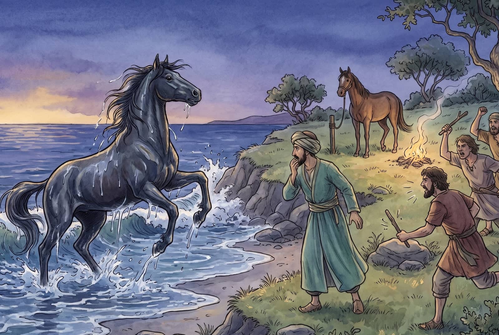 A black horse streaming with seawater rears out of the surf; the merchant watches from the grass while grooms run down shouting and a mare stands tethered.