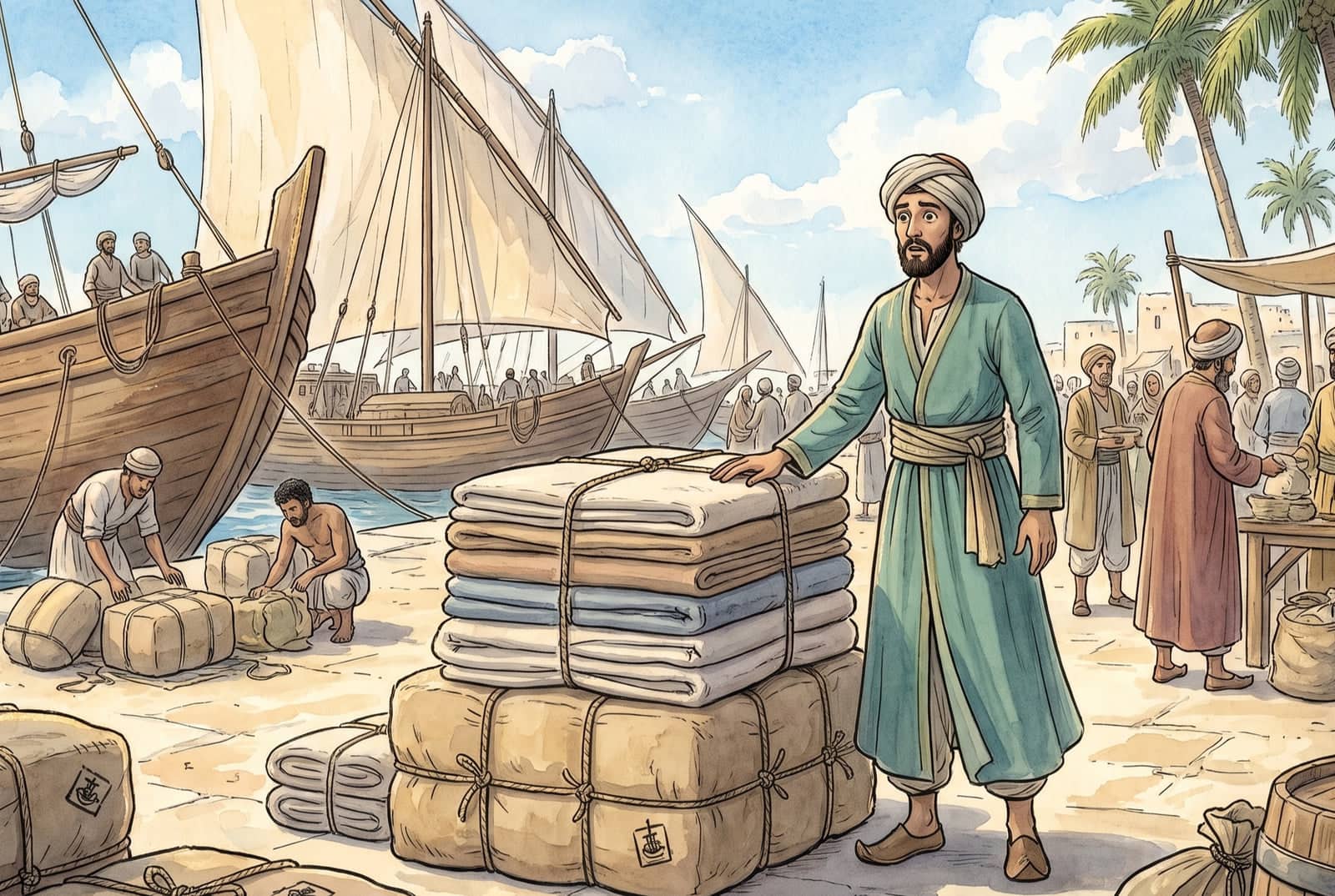A merchant rests one hand on a stack of corded cloth bales on a sunlit quay, staring in astonishment as dockhands unload more from the dhows behind him.