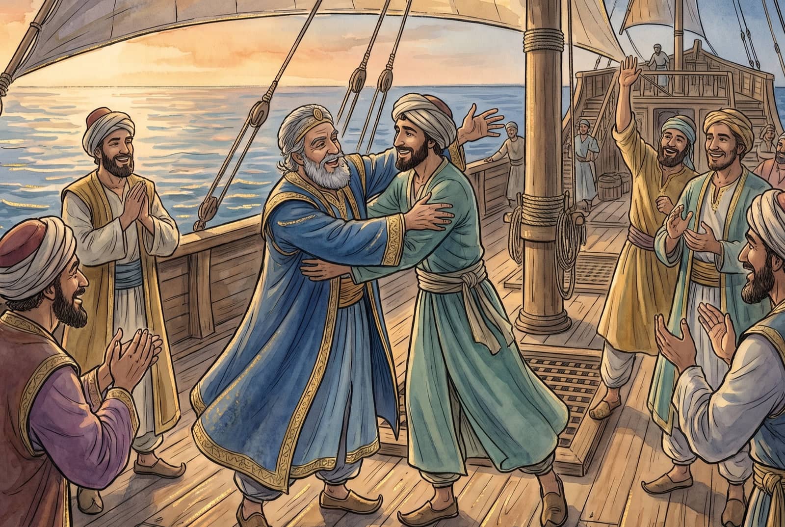 A grey-bearded captain in a blue robe throws his arms around the merchant on a ship’s deck while the other merchants clap and cheer in the sunset light.