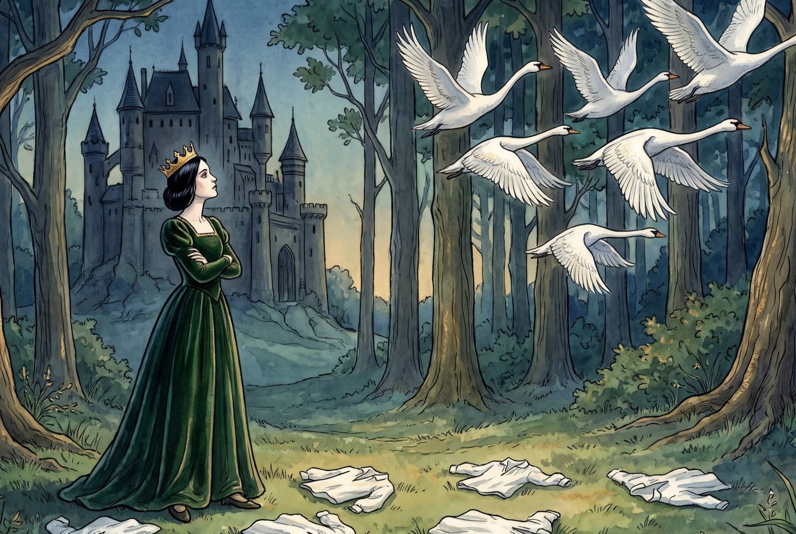 A black-haired queen in a green gown and gold crown stands with folded arms before a forest castle, watching six swans fly off over empty shirts on the grass.