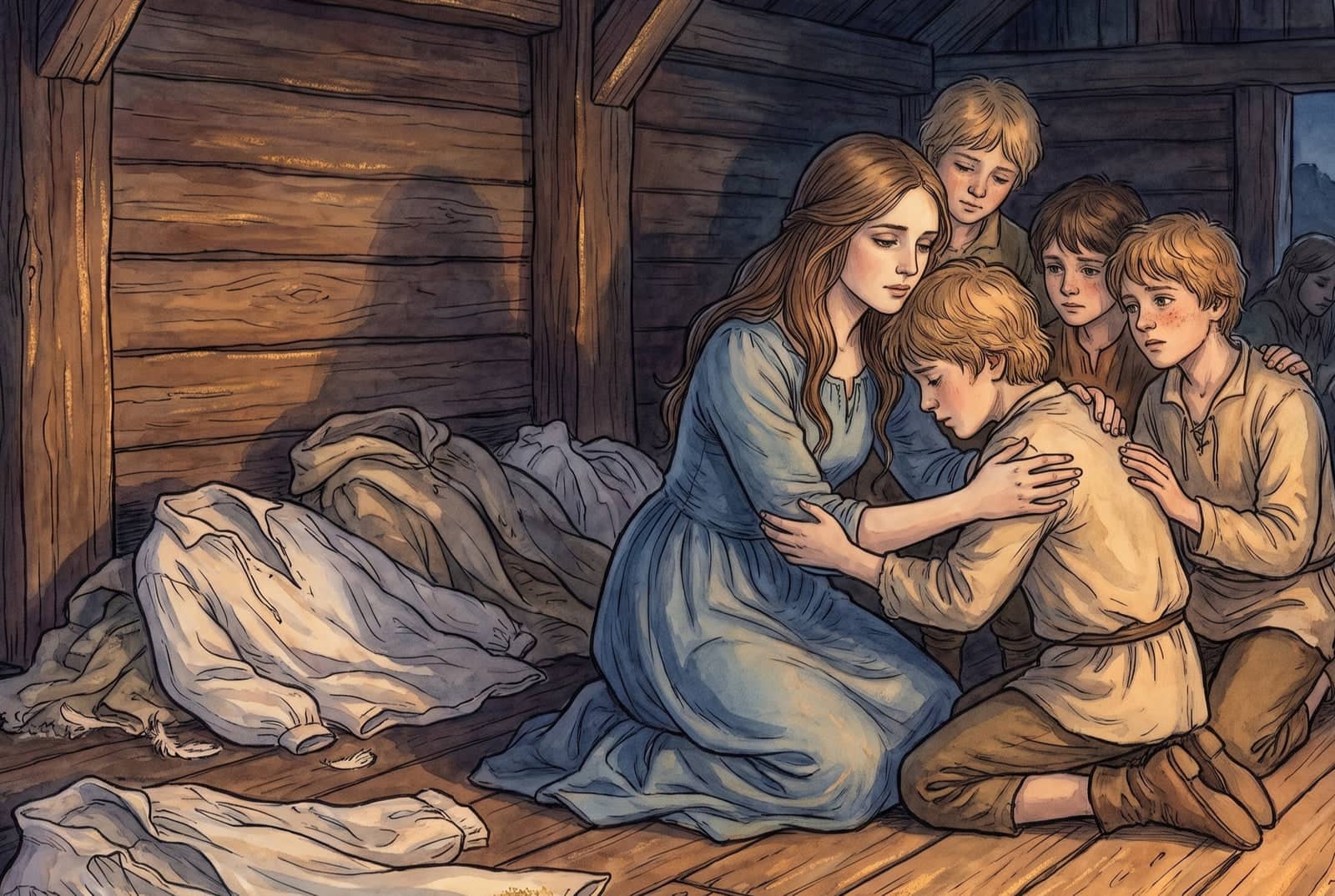 In a dim wooden hut a girl in a blue dress kneels and hugs a boy while other brothers crowd close, pale cast-off skins and loose feathers heaped on the floor.