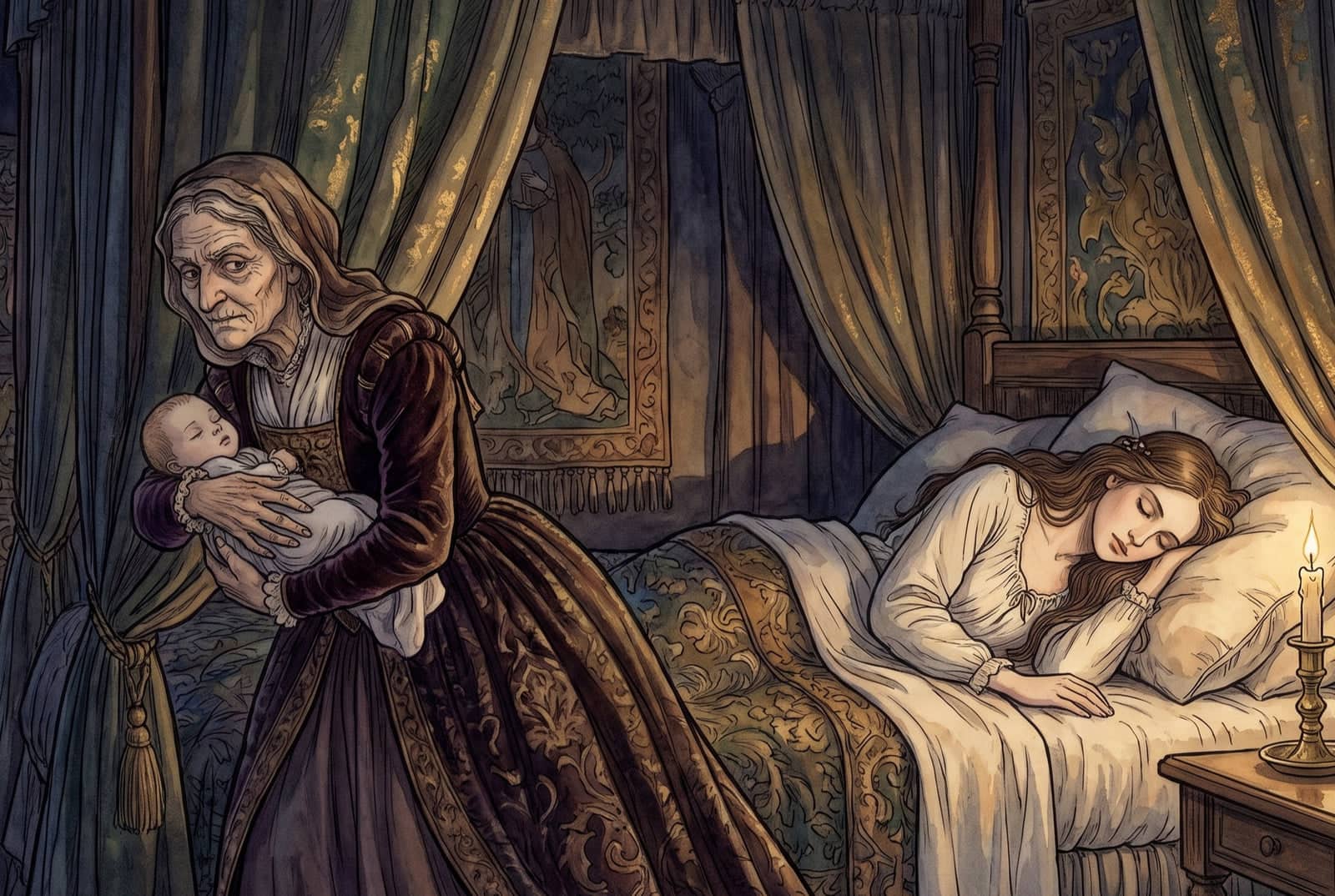 By candlelight an old woman in a dark velvet gown carries a sleeping baby away from a curtained bed where a young woman lies asleep.