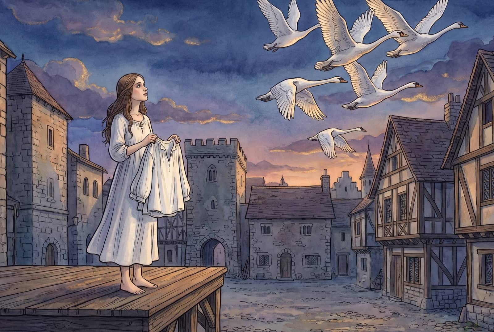 Barefoot in a white shift, the young Queen stands on a high platform in an empty town square at dusk, shirts in hand, as six swans sweep down from the sky.