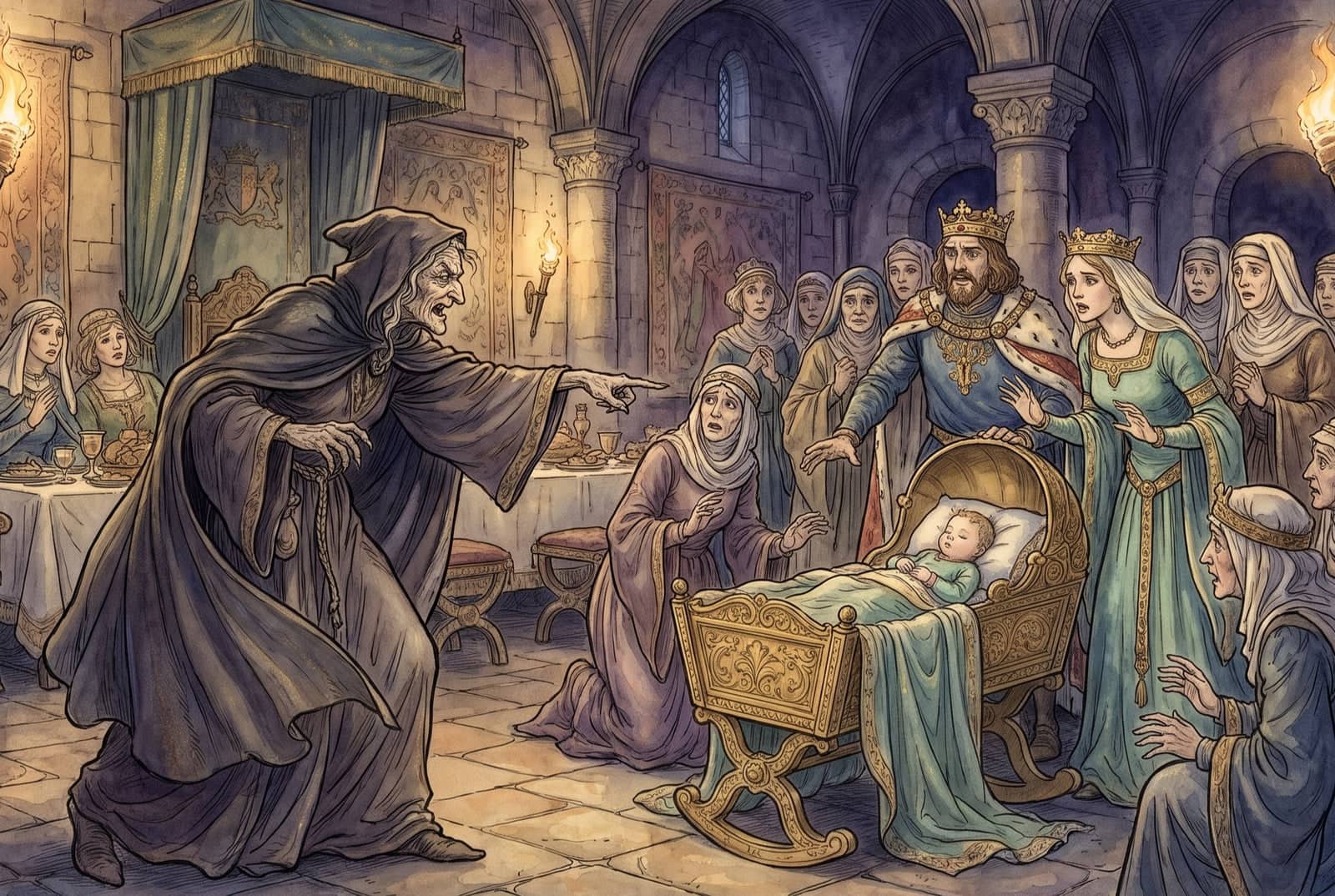 Uma velha de capuz escuro grita e aponta o dedo para o bebê num berço dourado, no salão iluminado por tochas; o rei e a rainha estendem as mãos, aflitos.