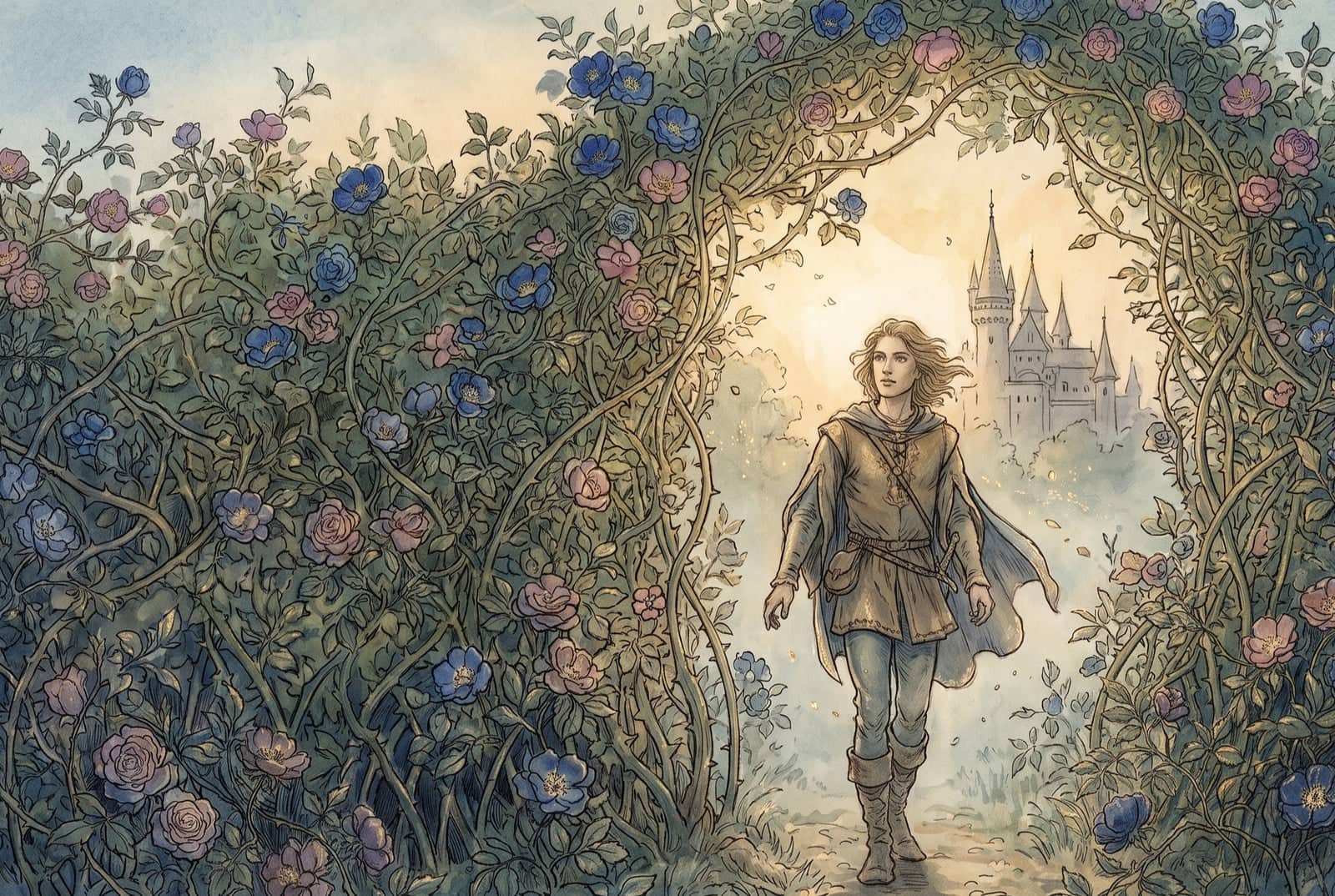Um rapaz de túnica e capa caminha pela abertura de uma cerca de espinhos coberta de flores; atrás dele, na névoa dourada, erguem-se as torres do castelo.