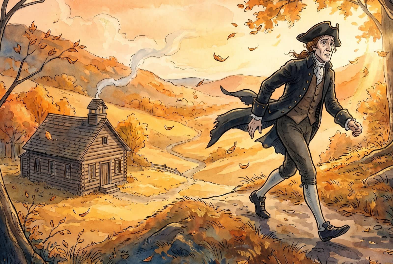 Ichabod Crane strides along a hilltop path in a flapping black coat and tricorn hat, with autumn hills and a log schoolhouse and its smoking chimney below.