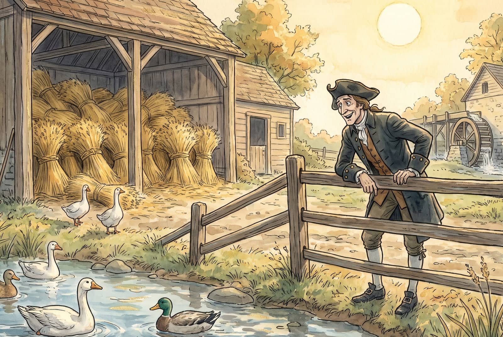 Ichabod Crane leans grinning on a rail fence above a millpond where geese and ducks swim, a barn stacked with grain behind them and a mill wheel beyond.