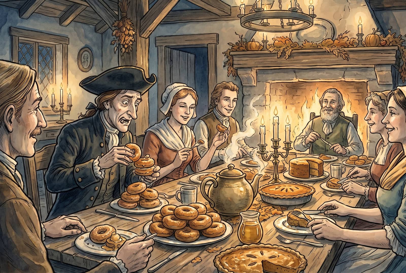 Ichabod Crane sits at a candlelit farmhouse table crowded with doughnuts, cakes and pumpkin pies around a steaming teapot, eating among other guests.