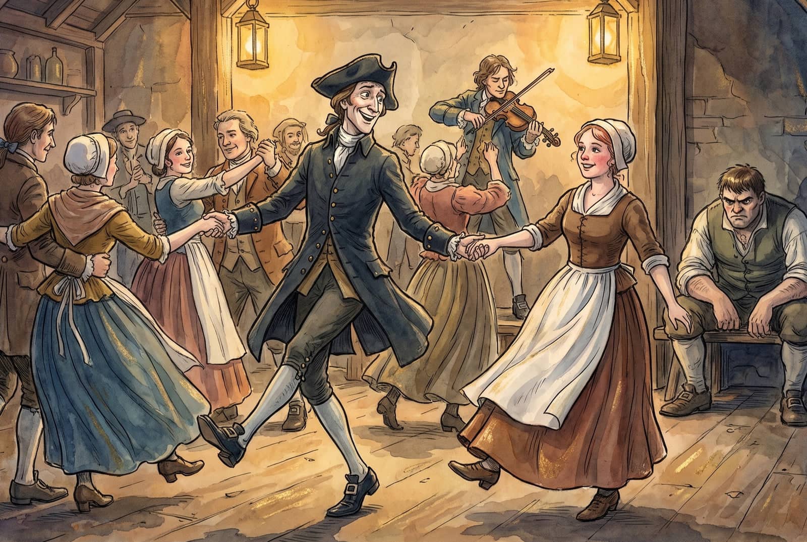 Ichabod Crane dances gleefully with a farmer’s daughter amid a ring of couples and a fiddler, while Brom Bones sits scowling alone in a corner.