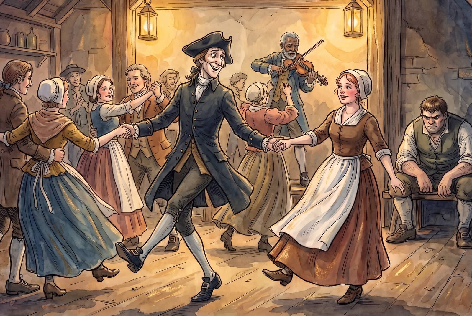 Ichabod Crane dances beaming with Katrina Van Tassel among whirling couples and a fiddler, while Brom Bones sits scowling alone in a corner.