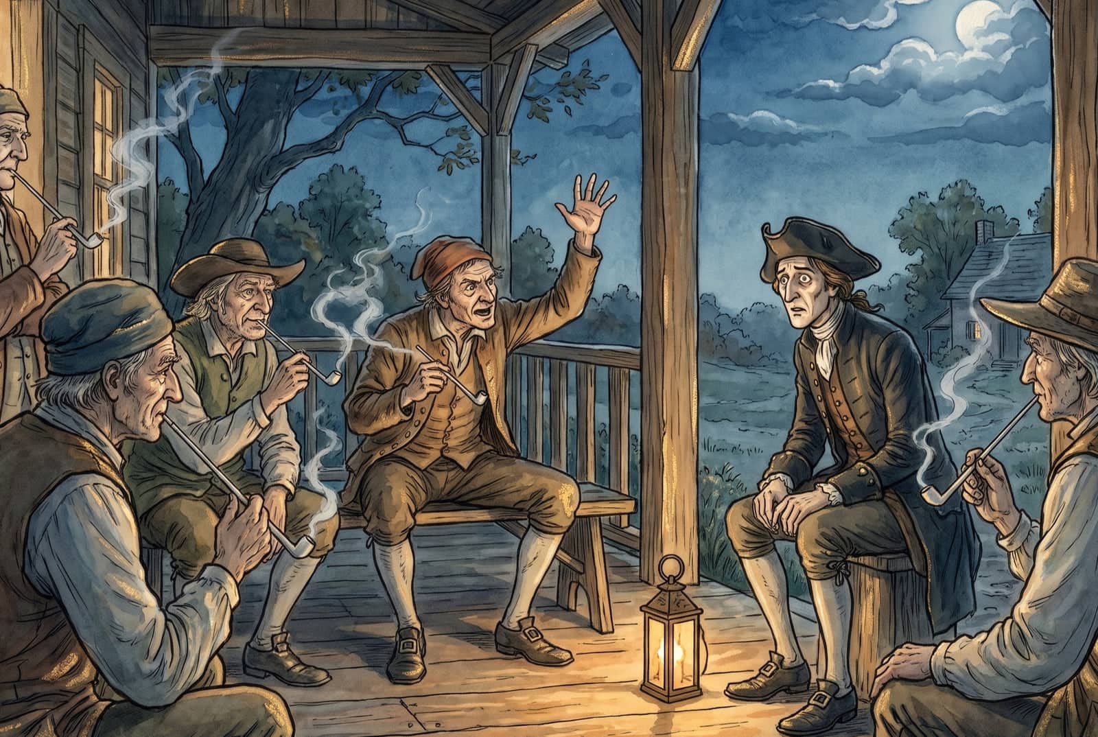 Old Dutch farmers smoke pipes in a circle on a lantern-lit porch under a bright moon, one gesturing mid-story, as Ichabod Crane listens with wide, uneasy eyes.