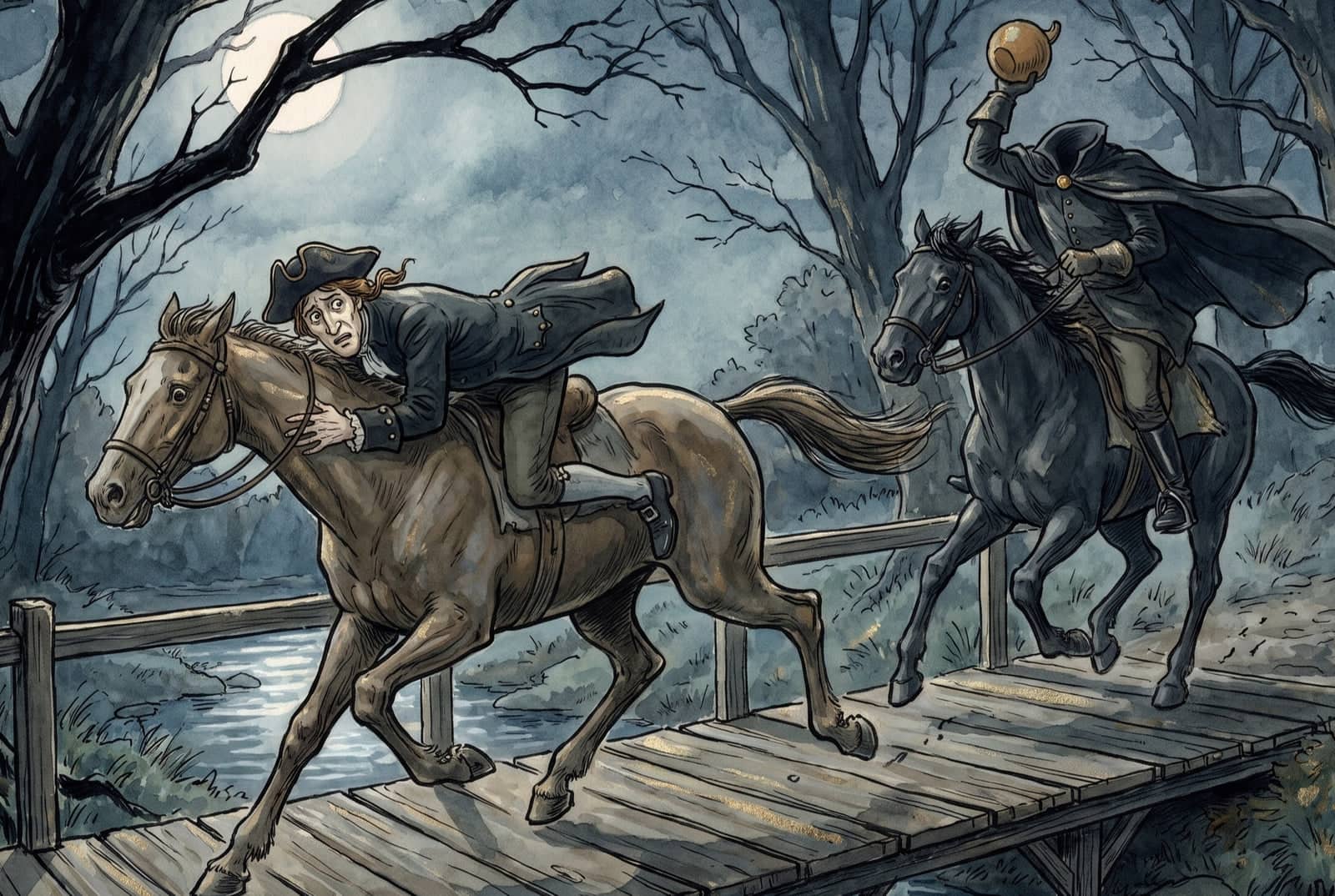 Bareback, Ichabod clings to Gunpowder’s neck as they gallop onto a bridge, the cloaked headless rider close behind raising a pumpkin.