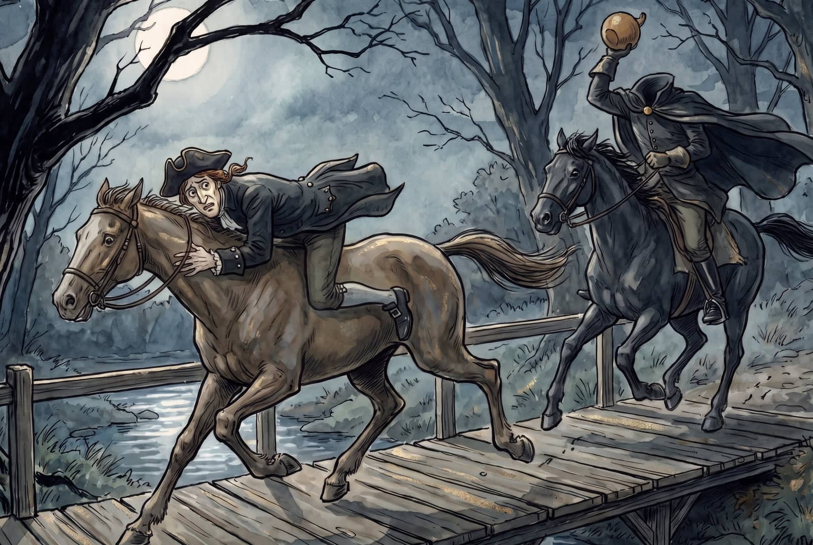Clinging to Gunpowder’s neck, Ichabod Crane gallops onto a bridge as the headless, cloaked rider hurls an uncarved pumpkin at him.