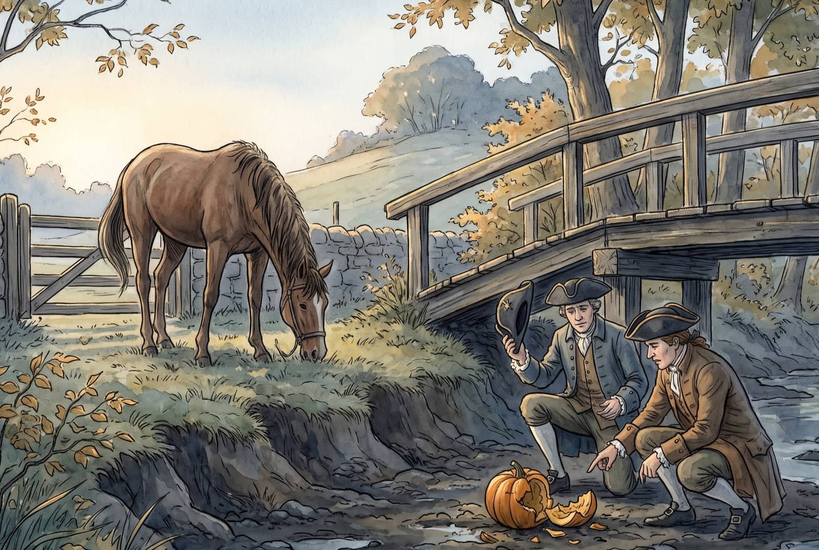 Gunpowder grazes saddleless at the gate next morning as two men crouch by the bridge, holding up Ichabod’s hat beside a smashed pumpkin in the mud.