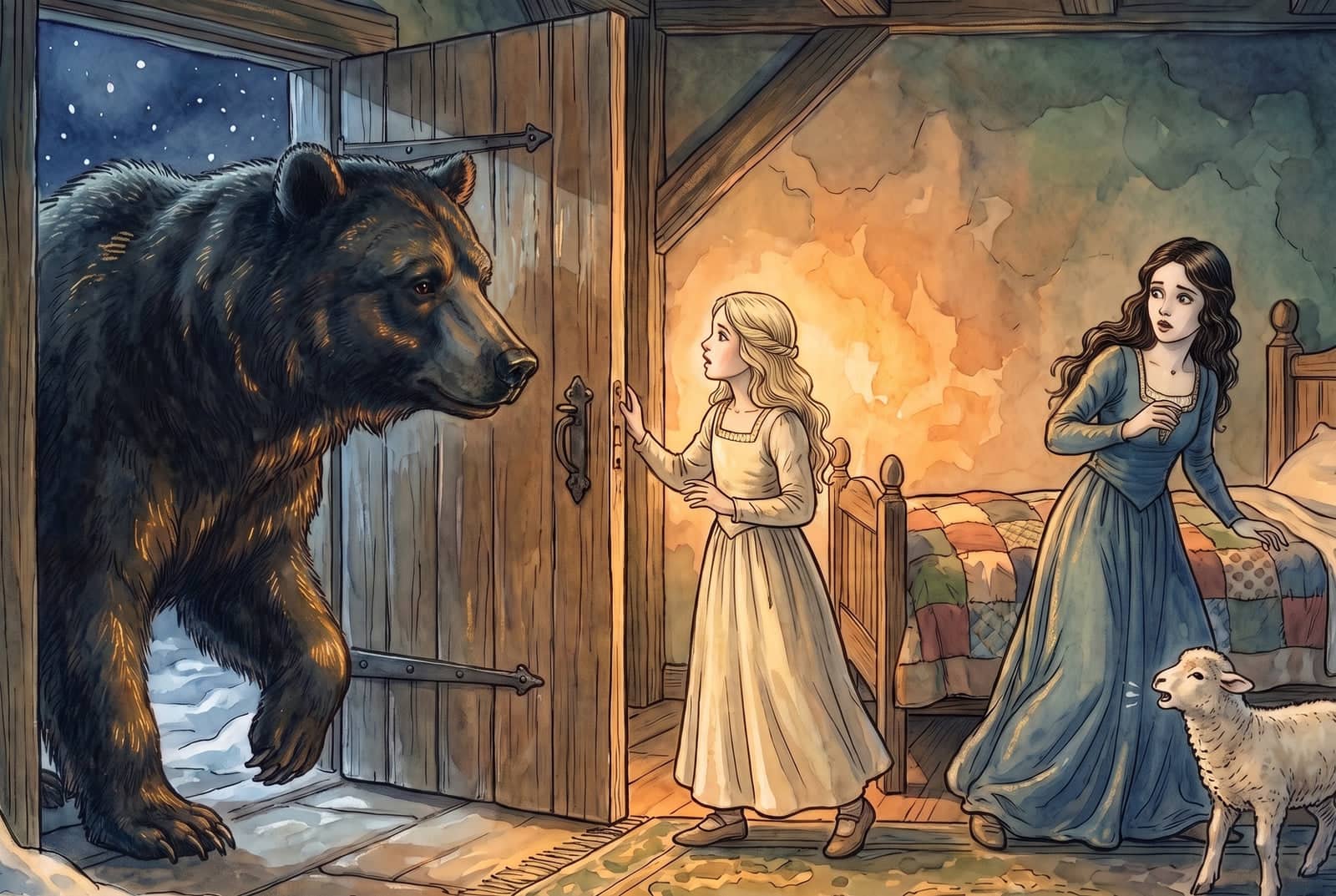 Un gran oso negro se asoma por la puerta de la cabaña desde la noche nevada; la hermana rubia sostiene la puerta, la morena retrocede y un corderito bala.