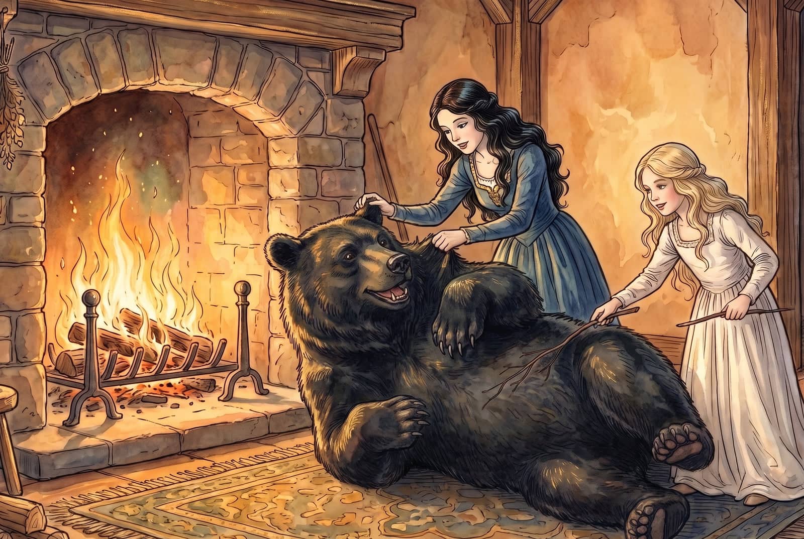 Près du feu, les deux sœurs jouent avec un grand ours noir couché sur le dos, l’une lui caresse la tête, l’autre le taquine d’une baguette de noisetier.