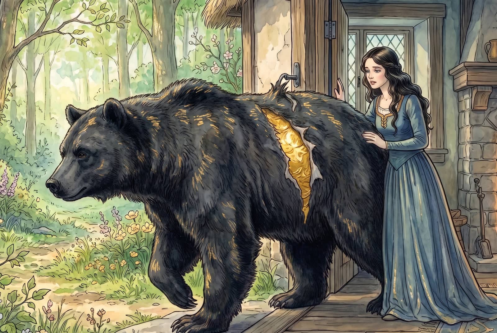 Un grand ours noir quitte la chaumière pour la forêt printanière, de l’or brille là où sa fourrure s’est déchirée au loquet, et la sœur brune le regarde partir.
