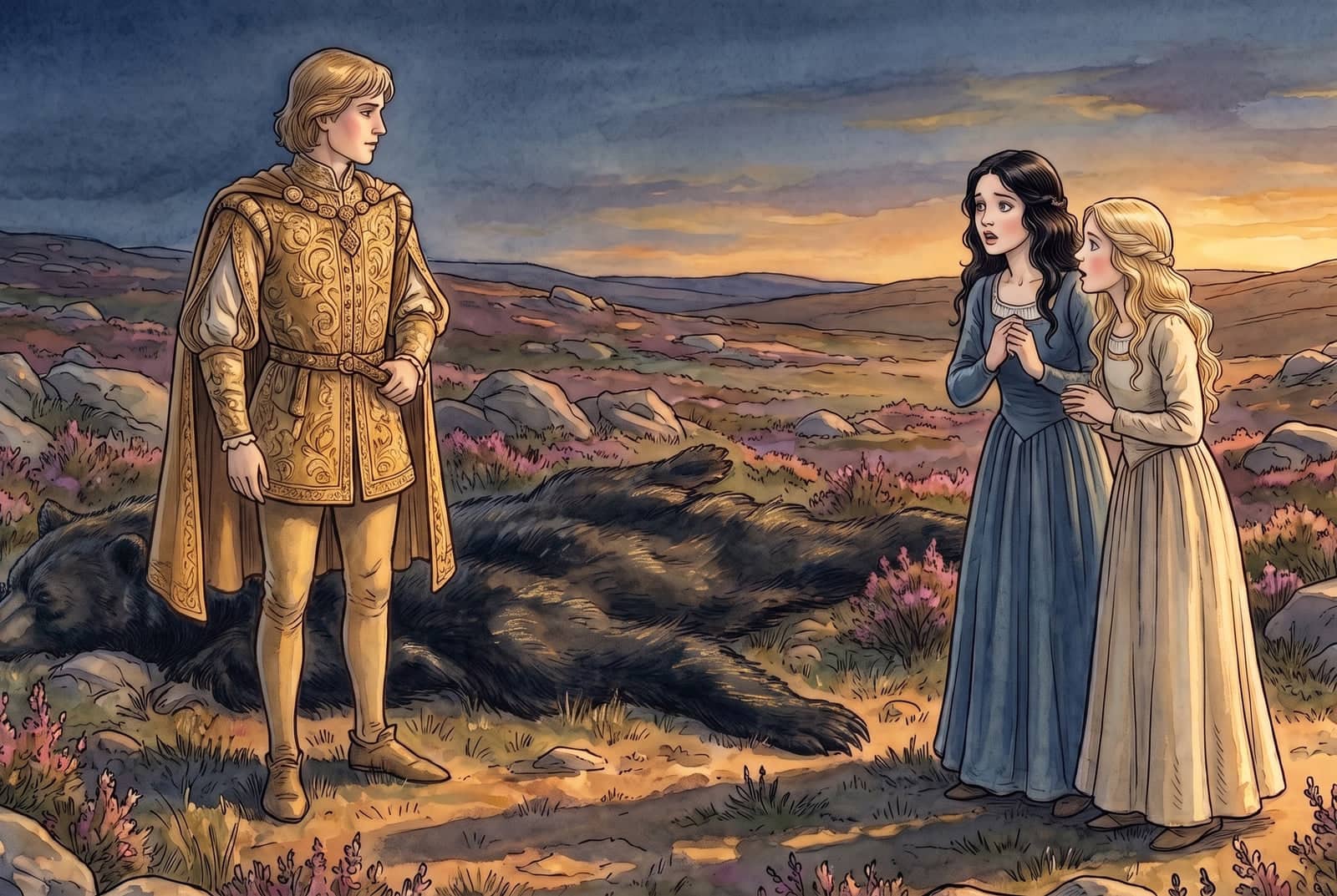 En un brezal al atardecer, un joven vestido de oro está junto a una piel de oso negra y vacía tendida entre los brezos, y las dos hermanas lo miran asombradas.