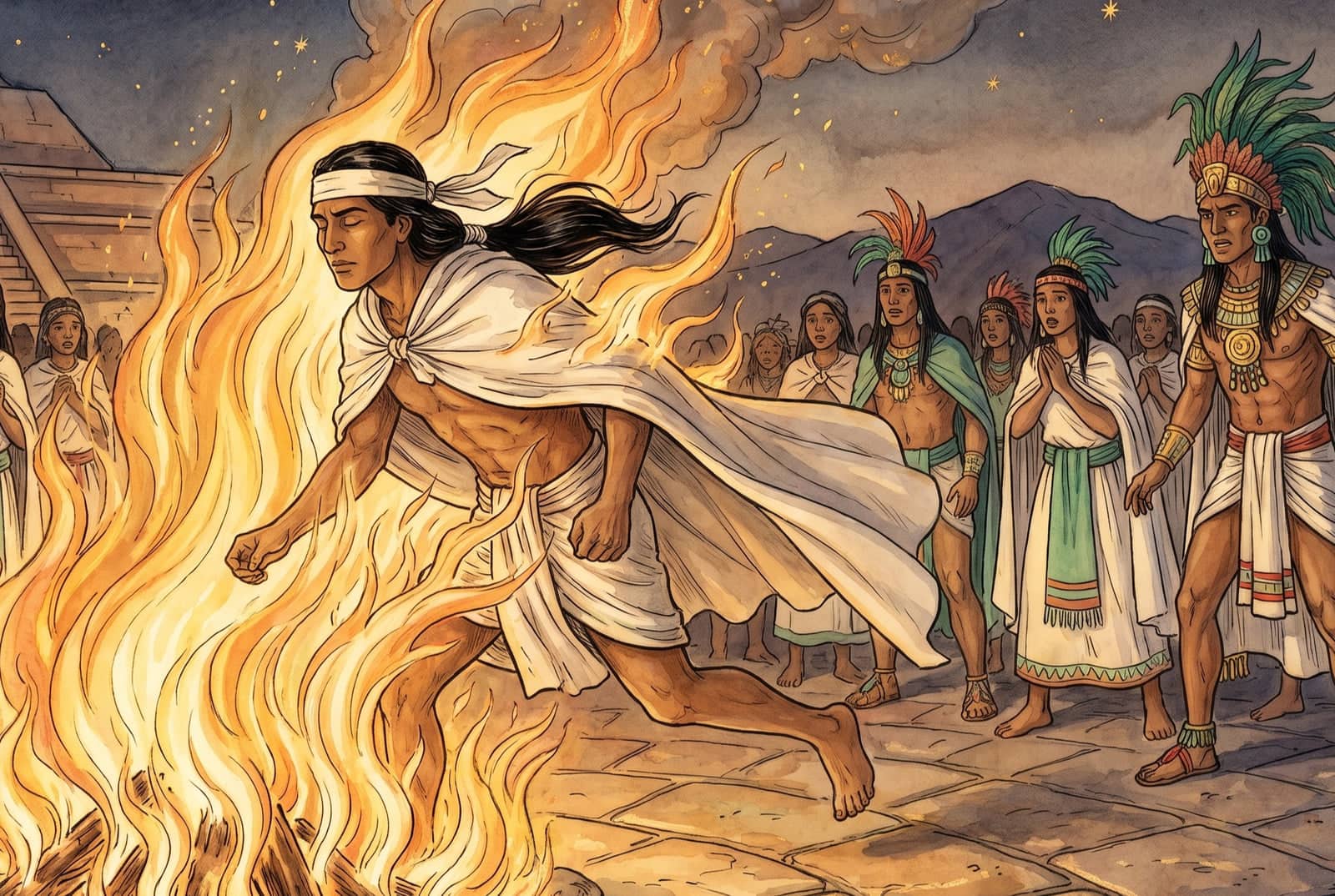Con los ojos cerrados y la capa ondeando, un joven descalzo corre hacia las llamas altas mientras el grupo de dioses mira desde el empedrado.