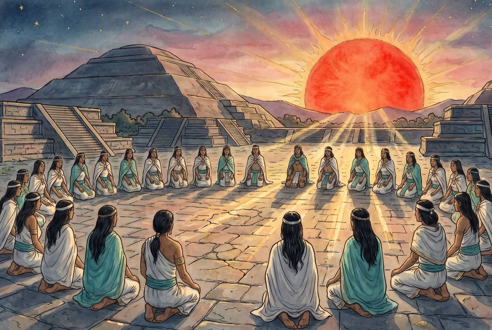 Un círculo de hombres y mujeres arrodillados en la plaza mira hacia un sol enorme y rojo que sube entre las pirámides, con rayos rosas y dorados.