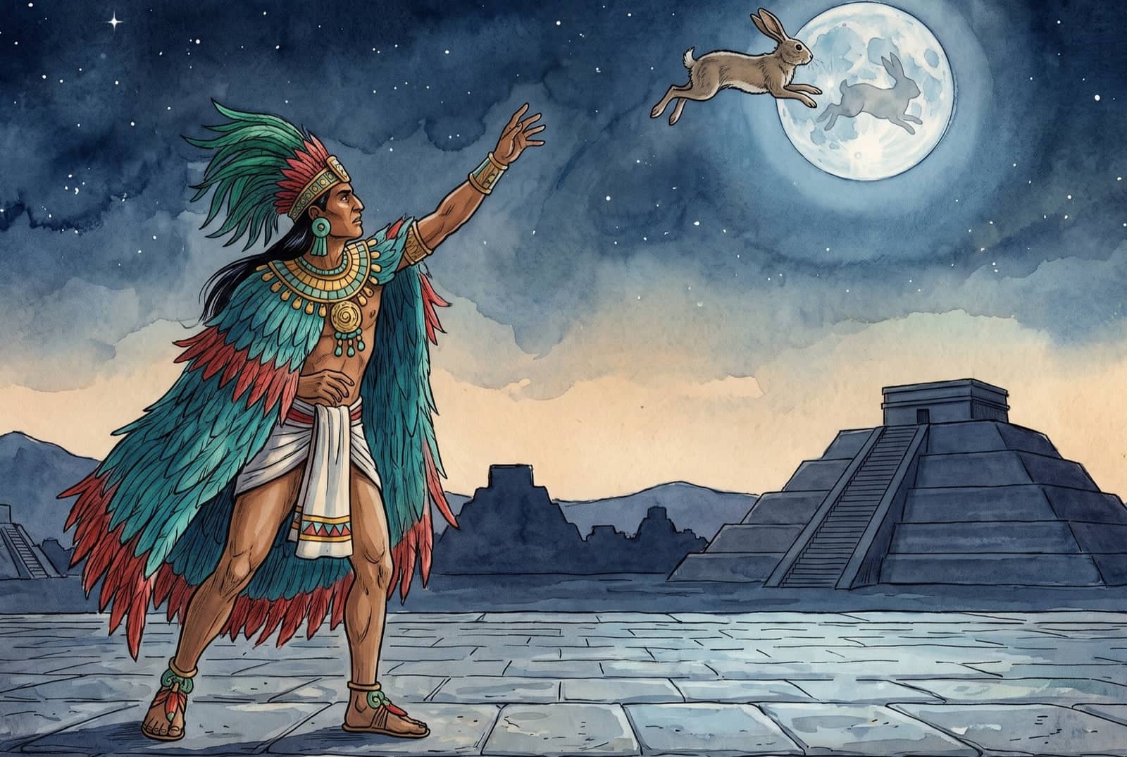 Solo en la plaza de noche, un hombre con capa de plumas y penacho lanza un conejo hacia la luna llena, y en la luna queda dibujada la sombra del conejo.