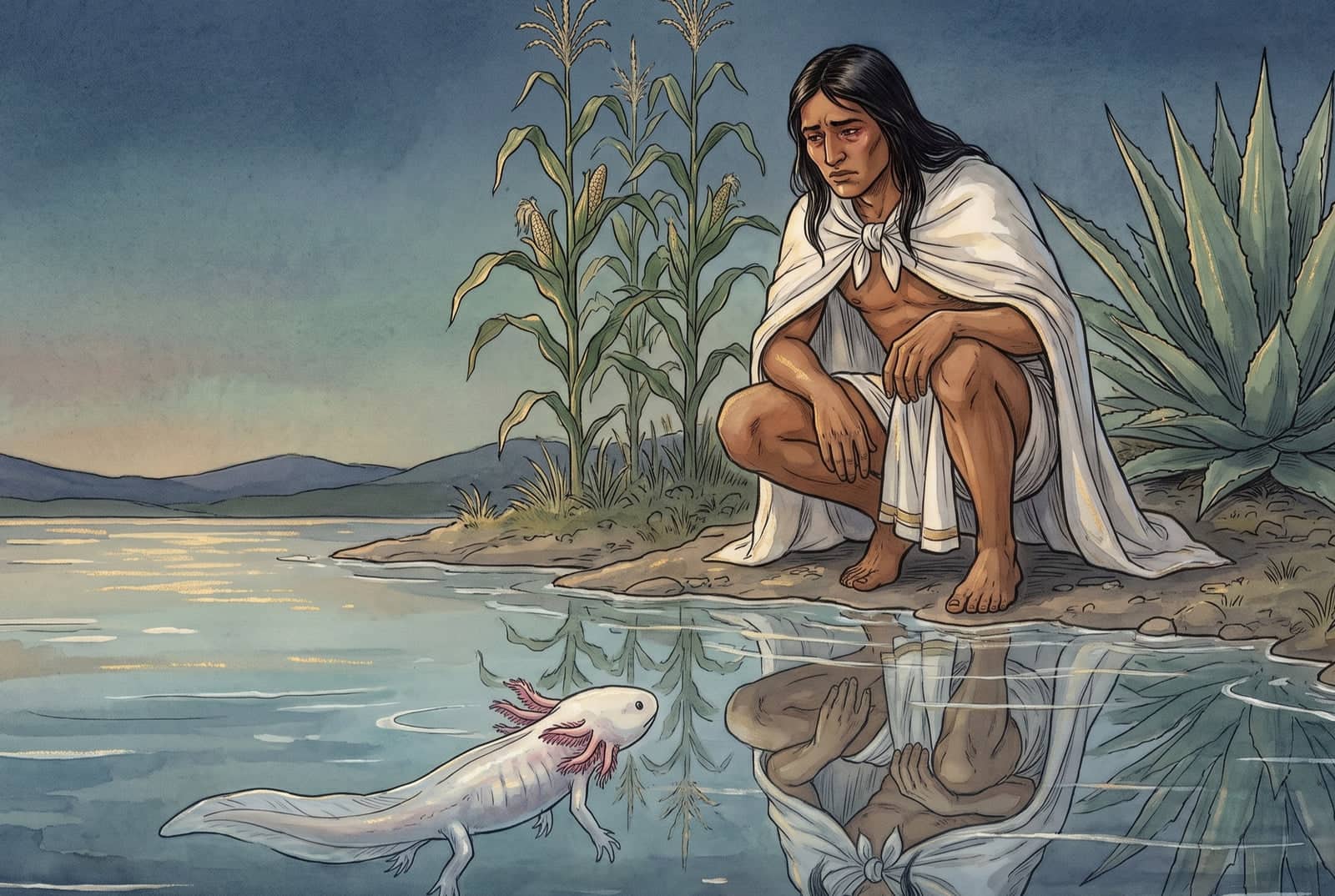 Xólotl, un joven de capa blanca y ojos enrojecidos, se agacha en la orilla; en el agua nada un ajolote pálido de branquias rosas y atrás hay maíz y un maguey.