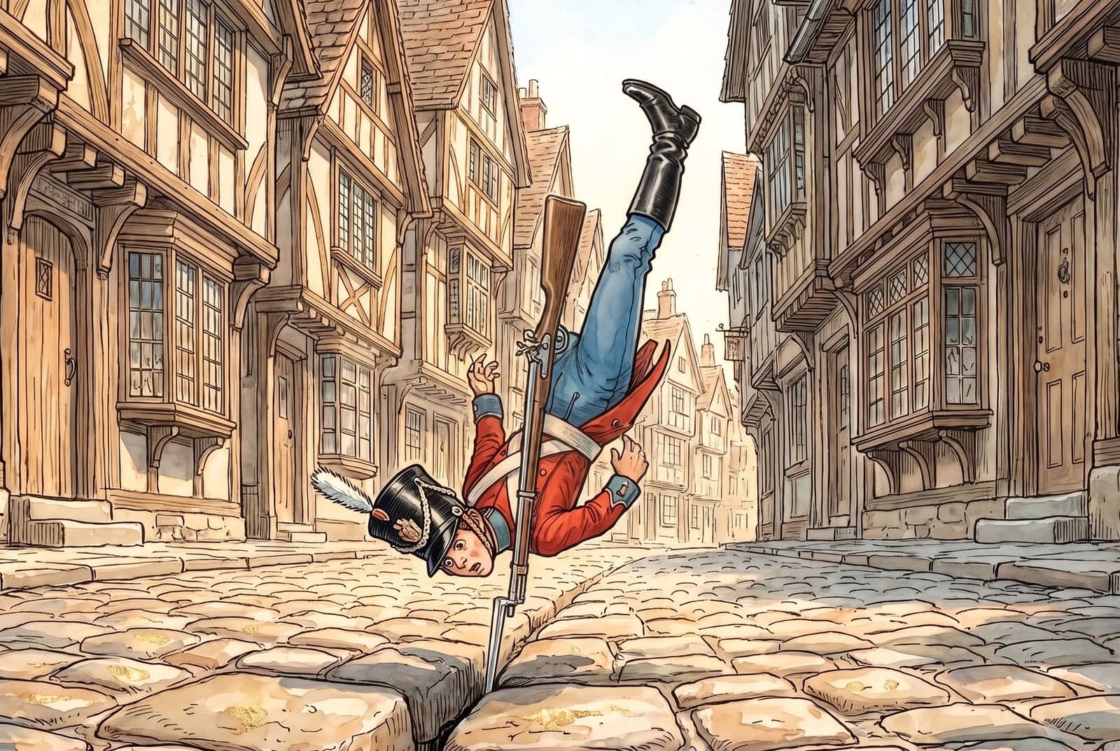 In a cobbled street between timbered houses, the tin soldier is stuck upside down, his one booted leg in the air and his bayonet wedged between the stones.