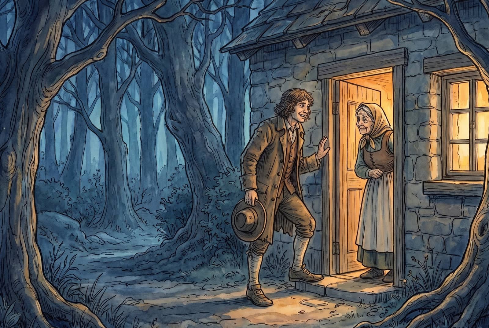 A man in a worn coat, hat in hand, raises his other hand in greeting to an old woman standing in the lit doorway of a stone cottage in a dark forest.
