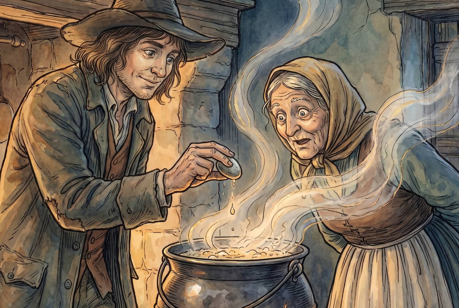 The tramp holds a small wet grey stone above a steaming cauldron, ready to drop it, while an old woman in a headscarf stares open-mouthed at his hand.