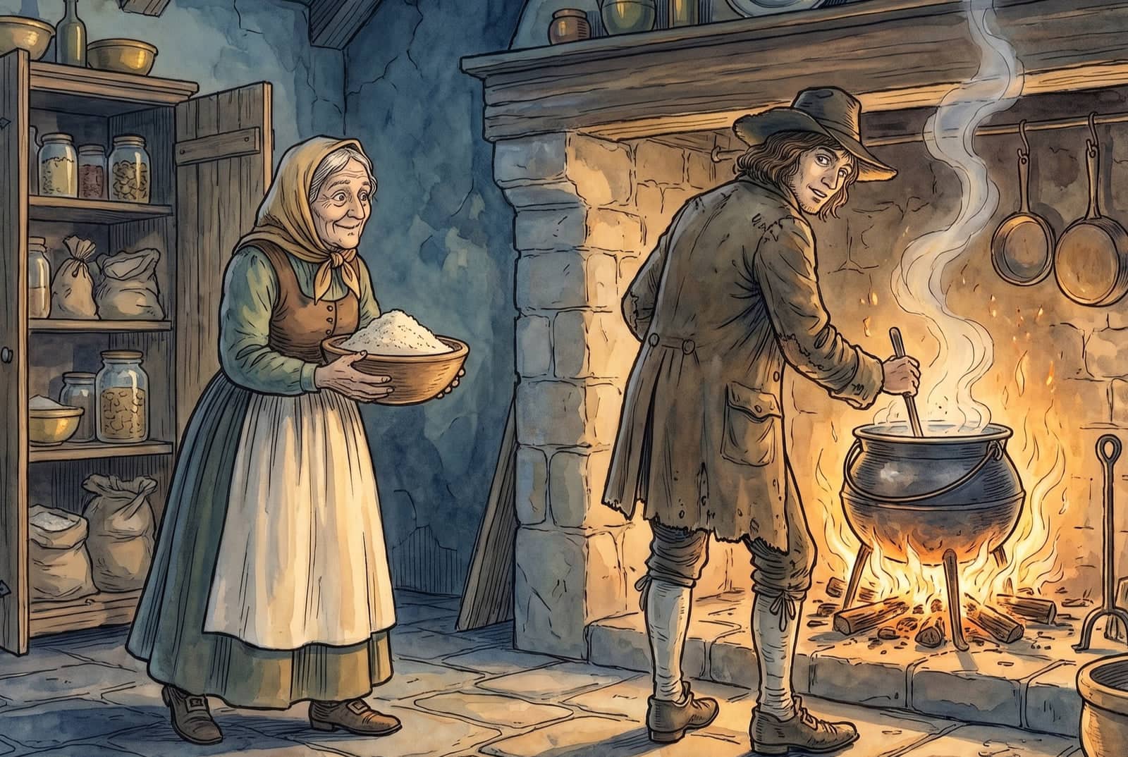 An old woman carries a wooden bowl heaped with white flour from her cupboard, while the tramp stirs a cauldron over the fire and glances back at her.