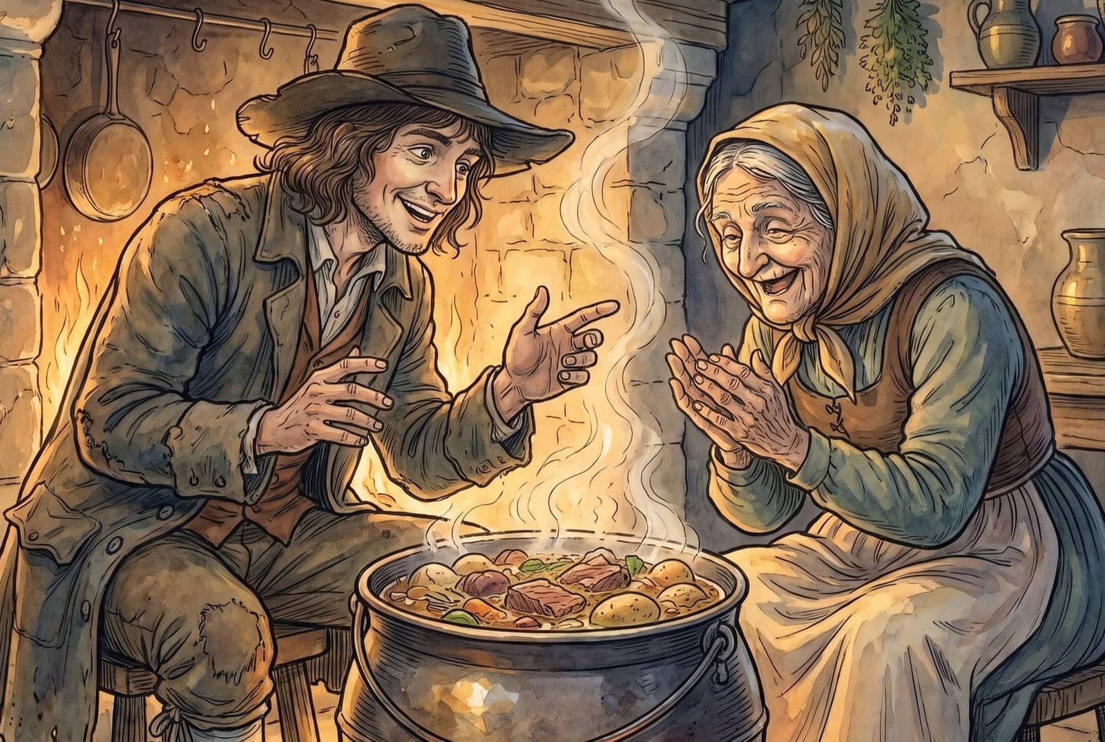 Seated by the fire, the tramp talks and gestures over a pot crowded with meat and potatoes while the old woman opposite him laughs with her hands clasped.