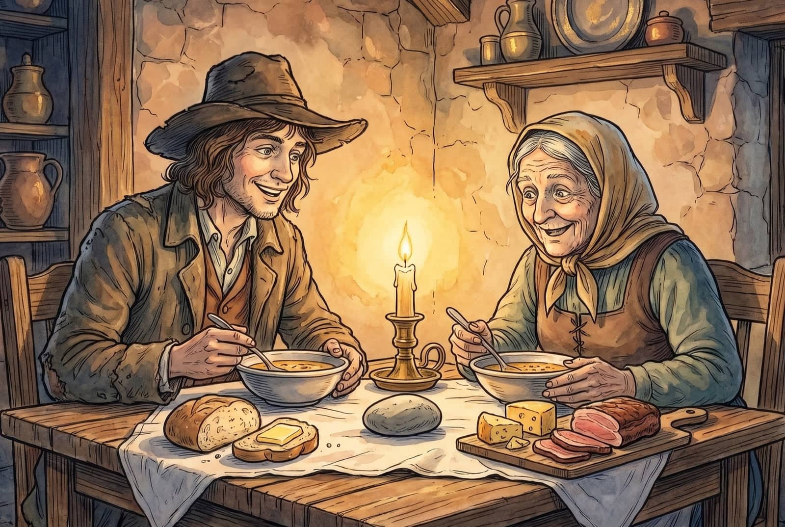 The tramp and the old woman eat soup at a white-clothed table by candlelight, with bread, cheese and sliced meat laid out and the grey stone beside them.