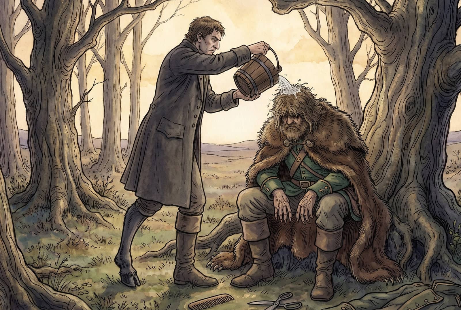 Unter Bäumen gießt der Teufel, ein Mann im grauen Mantel und mit Pferdefuß, einen Holzeimer Wasser über den Kopf des Bärenhäuters, im Gras Kamm und Schere.