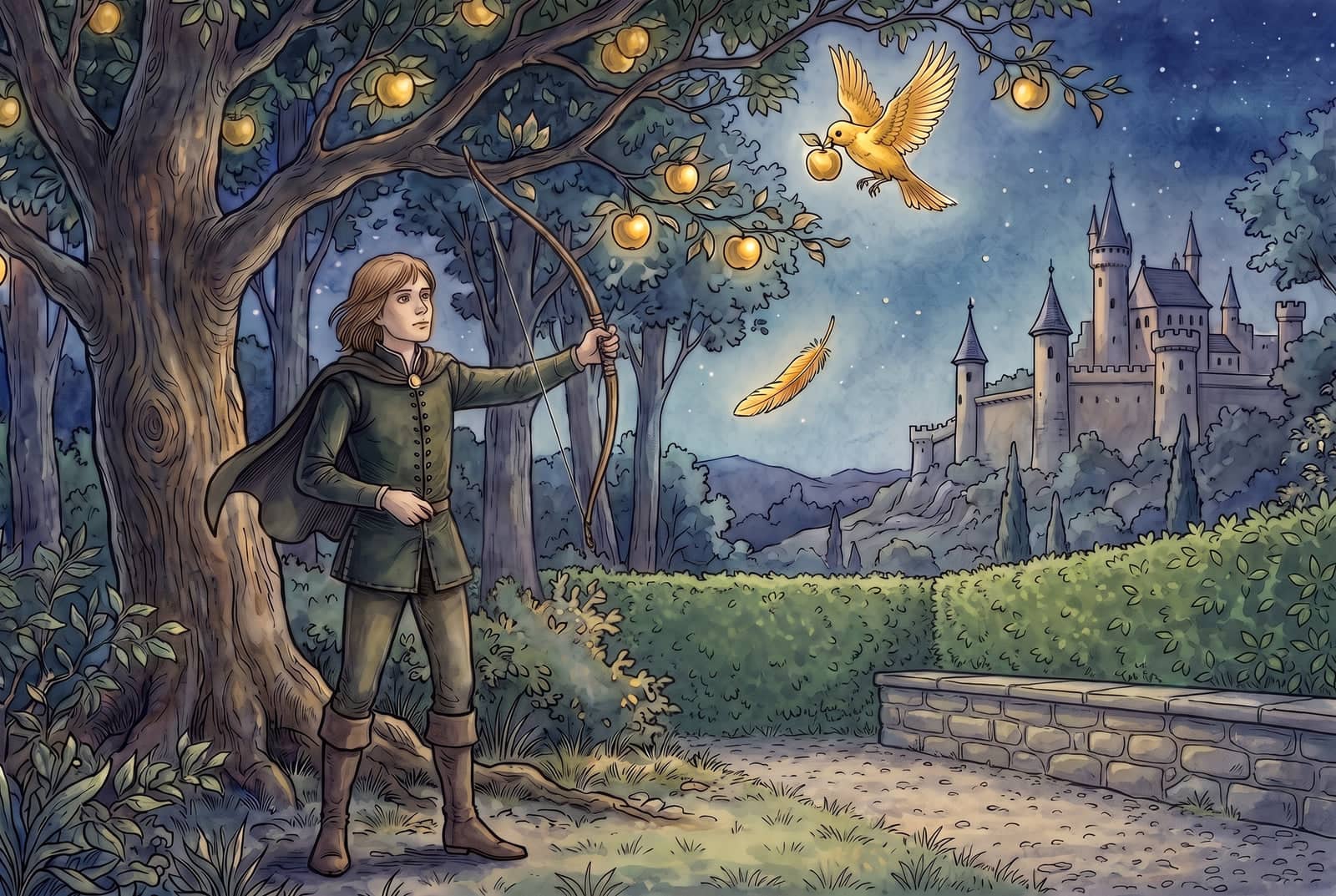Nachts steht der Jüngling mit dem Bogen unter dem Baum mit goldenen Äpfeln, ein goldener Vogel fliegt mit einem Apfel davon, eine goldene Feder fällt herab.