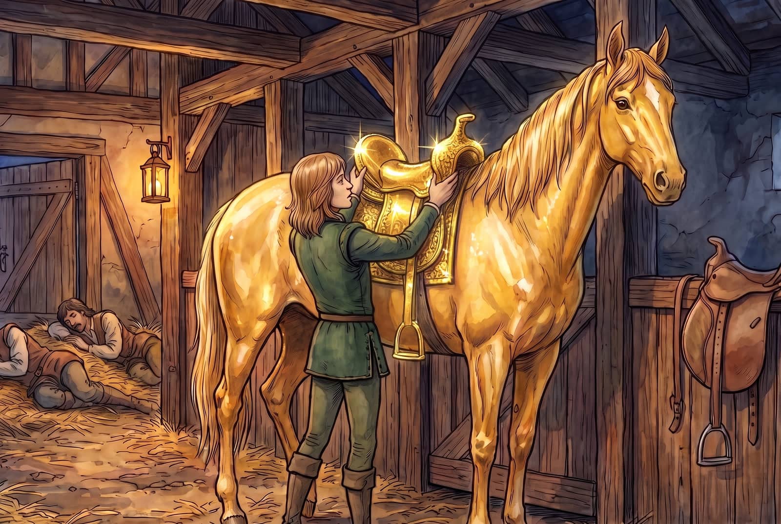 Im Stall legt der Königssohn dem goldenen Pferd den goldenen Sattel auf, der schlichte Ledersattel hängt daneben, zwei Stallknechte schlafen im Stroh.