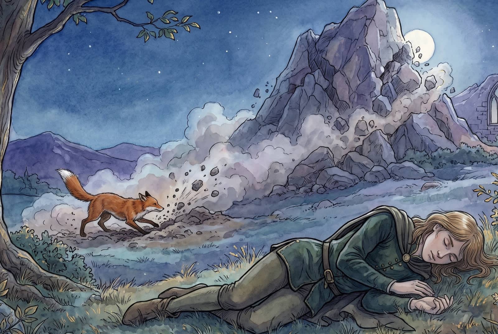 Unter dem Vollmond schläft der Königssohn im Gras, während der Fuchs gräbt und hinter ihm der felsige Berg in Staubwolken und fallenden Steinen zerbröckelt.