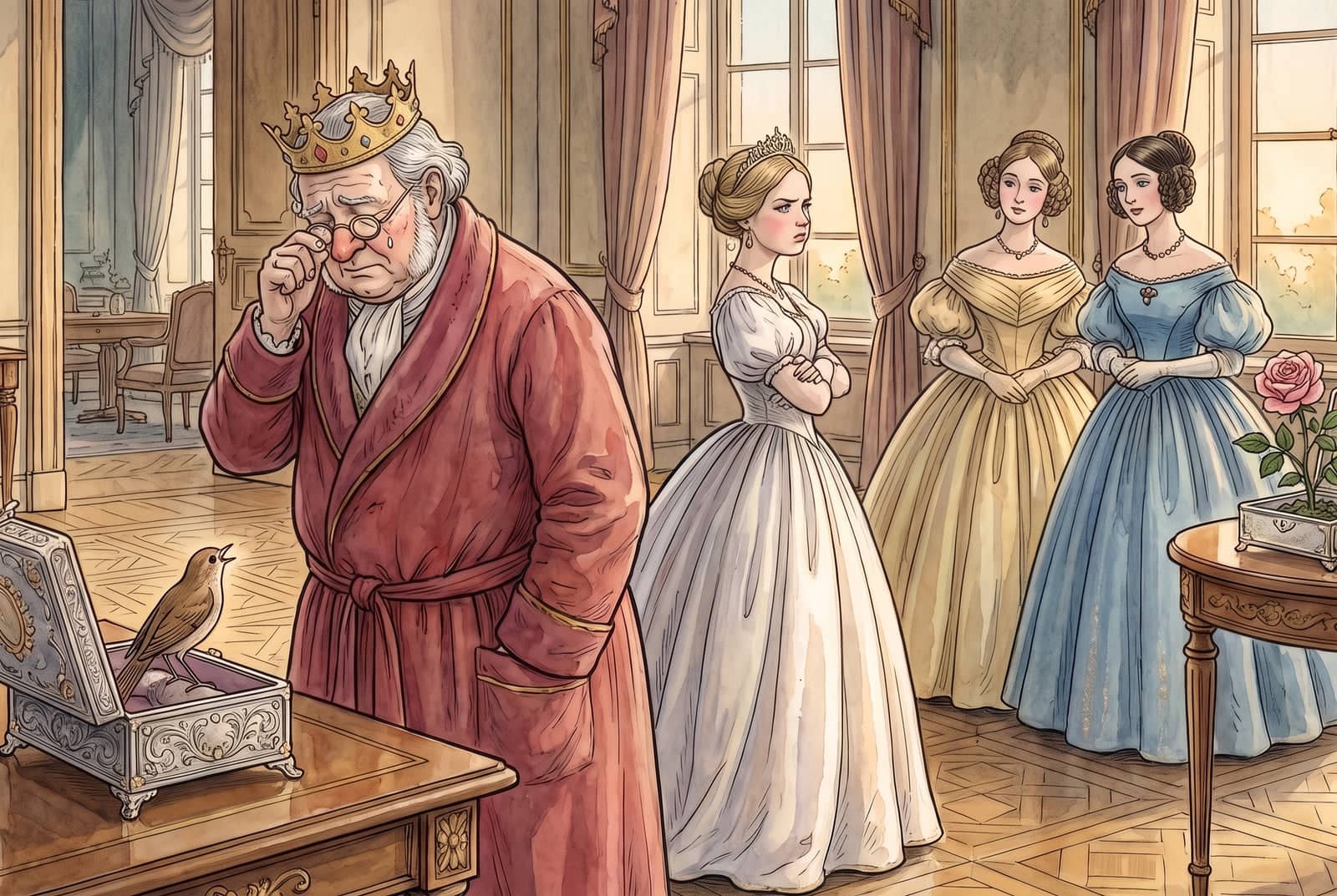 The old emperor in a red dressing gown wipes away a tear as the nightingale sings from its silver case, while the princess stands with folded arms, pouting.