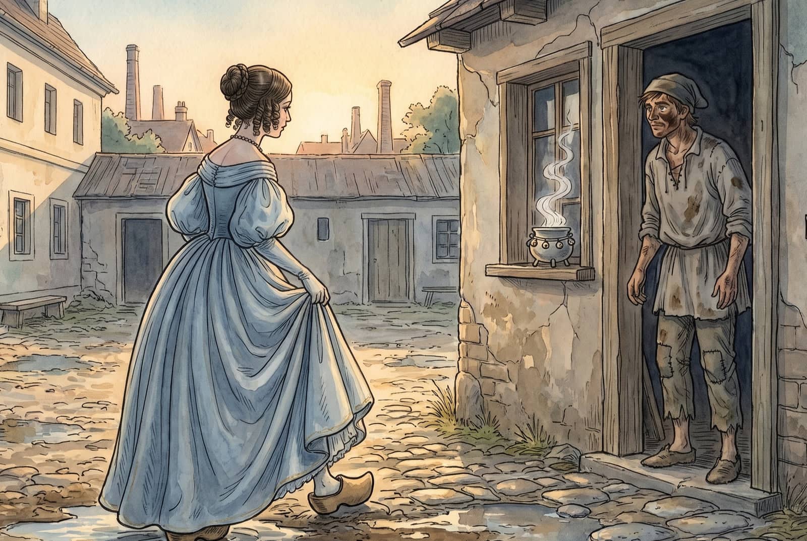 A lady in a pale blue gown lifts her skirt over wooden clogs as she crosses a wet yard toward the swineherd, whose pot steams on the windowsill beside him.