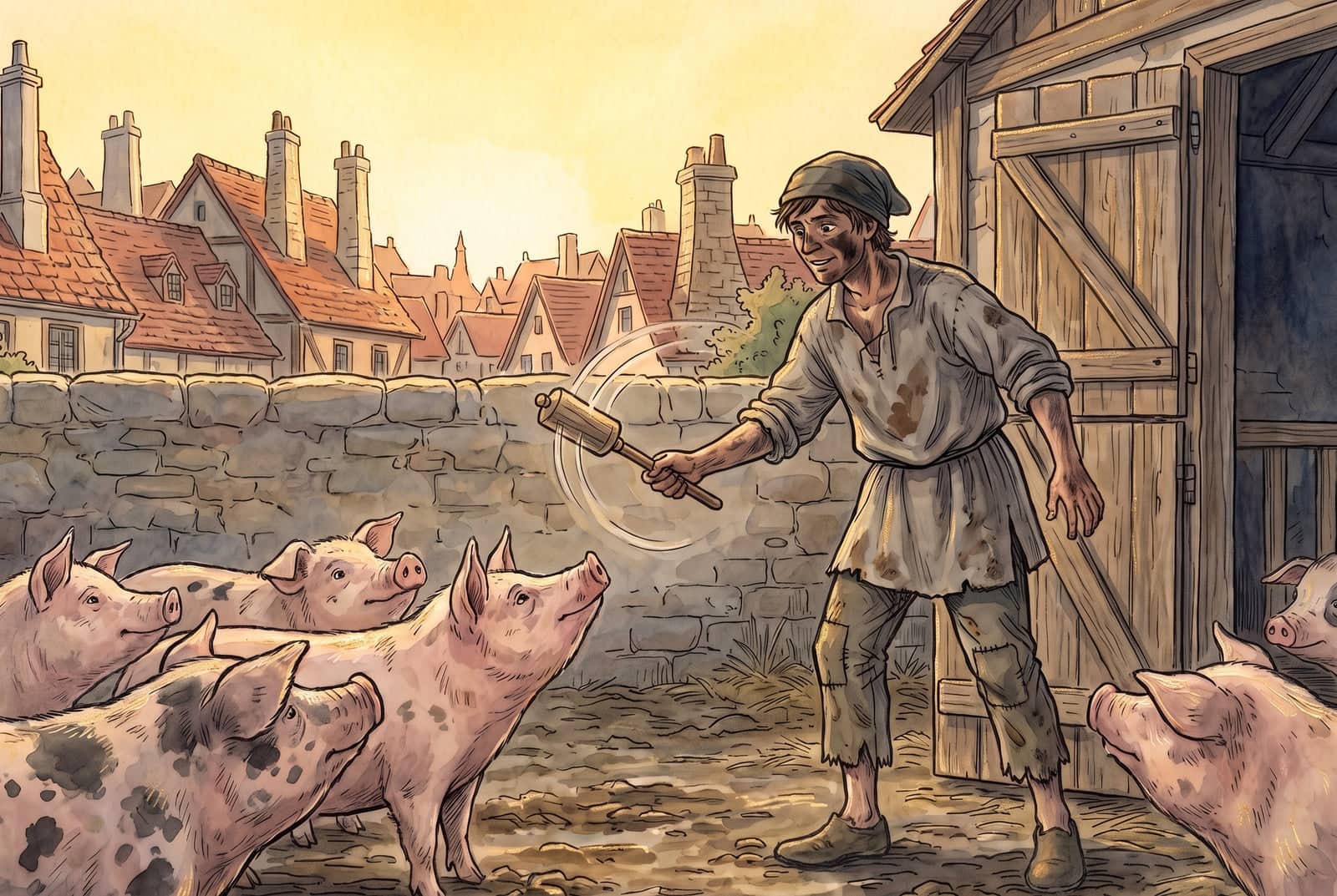 The swineherd, his face smeared dark, swings a wooden rattle around on its handle while pink and spotted pigs lift their snouts to listen.