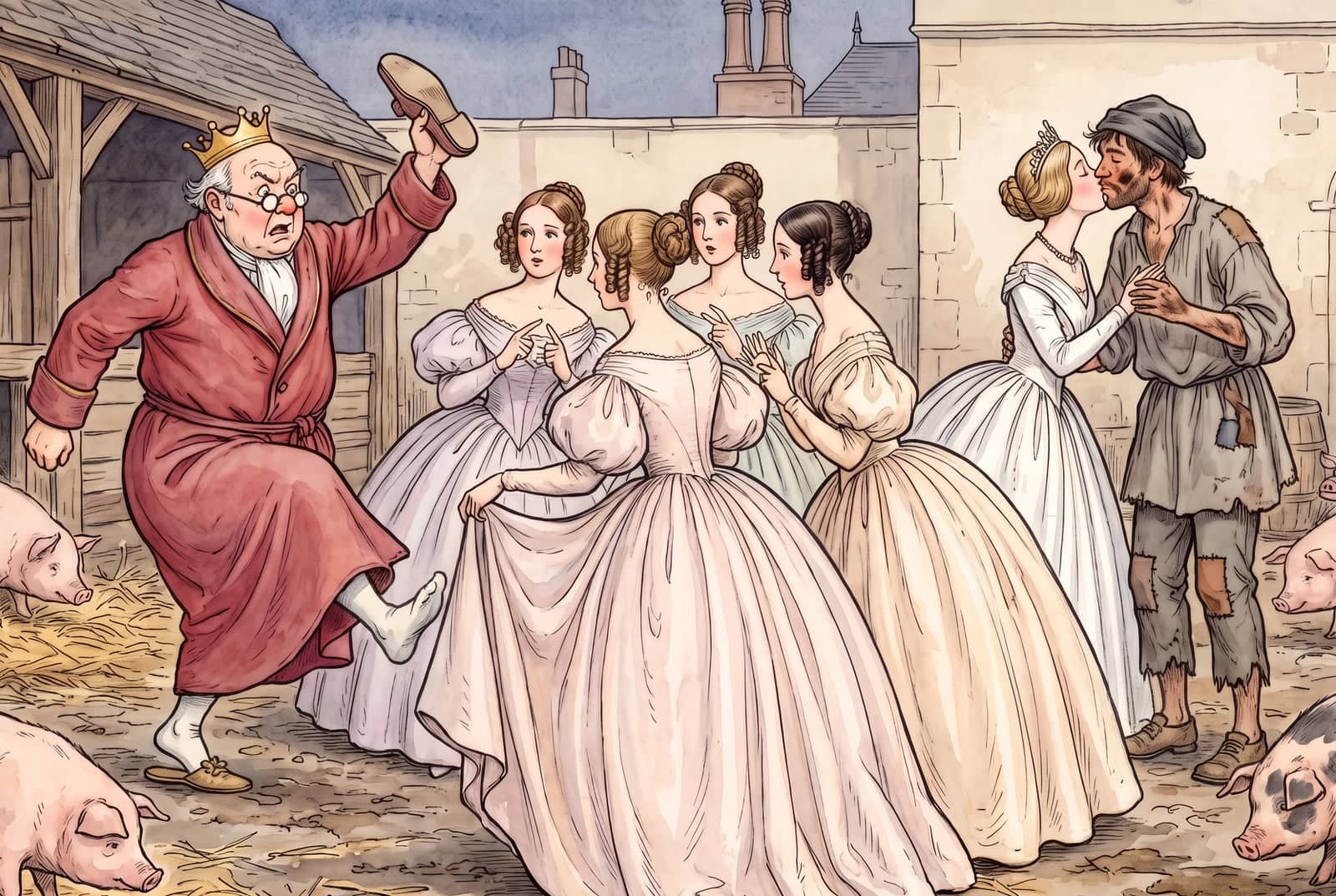 The emperor, one foot in a white stocking, rushes in waving a slipper as the ladies count on their fingers and the princess kisses the swineherd.