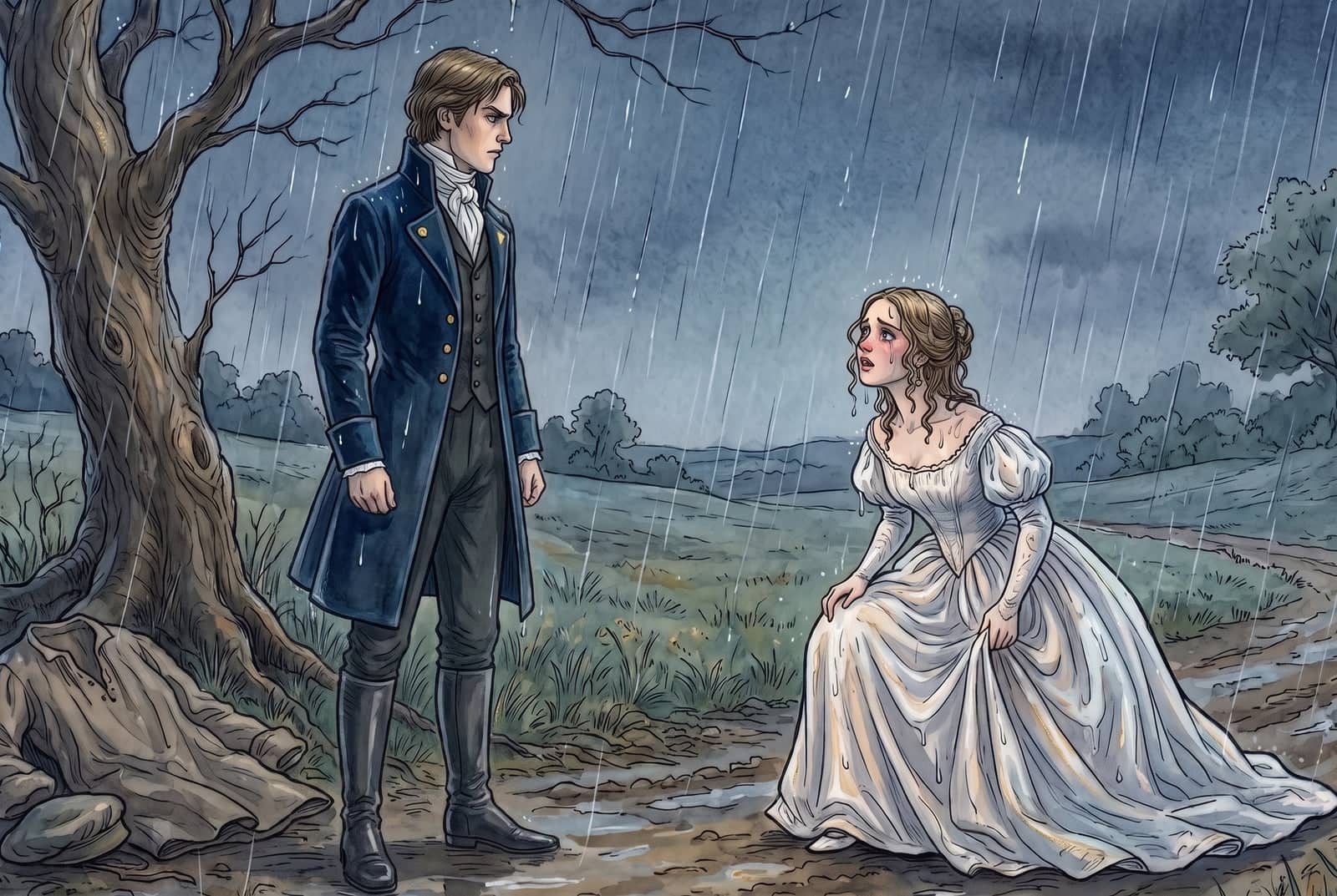 In pouring rain the prince, in a blue velvet coat, stands stern by a bare tree with his rough clothes at its foot as the tearful princess sinks into a curtsy.