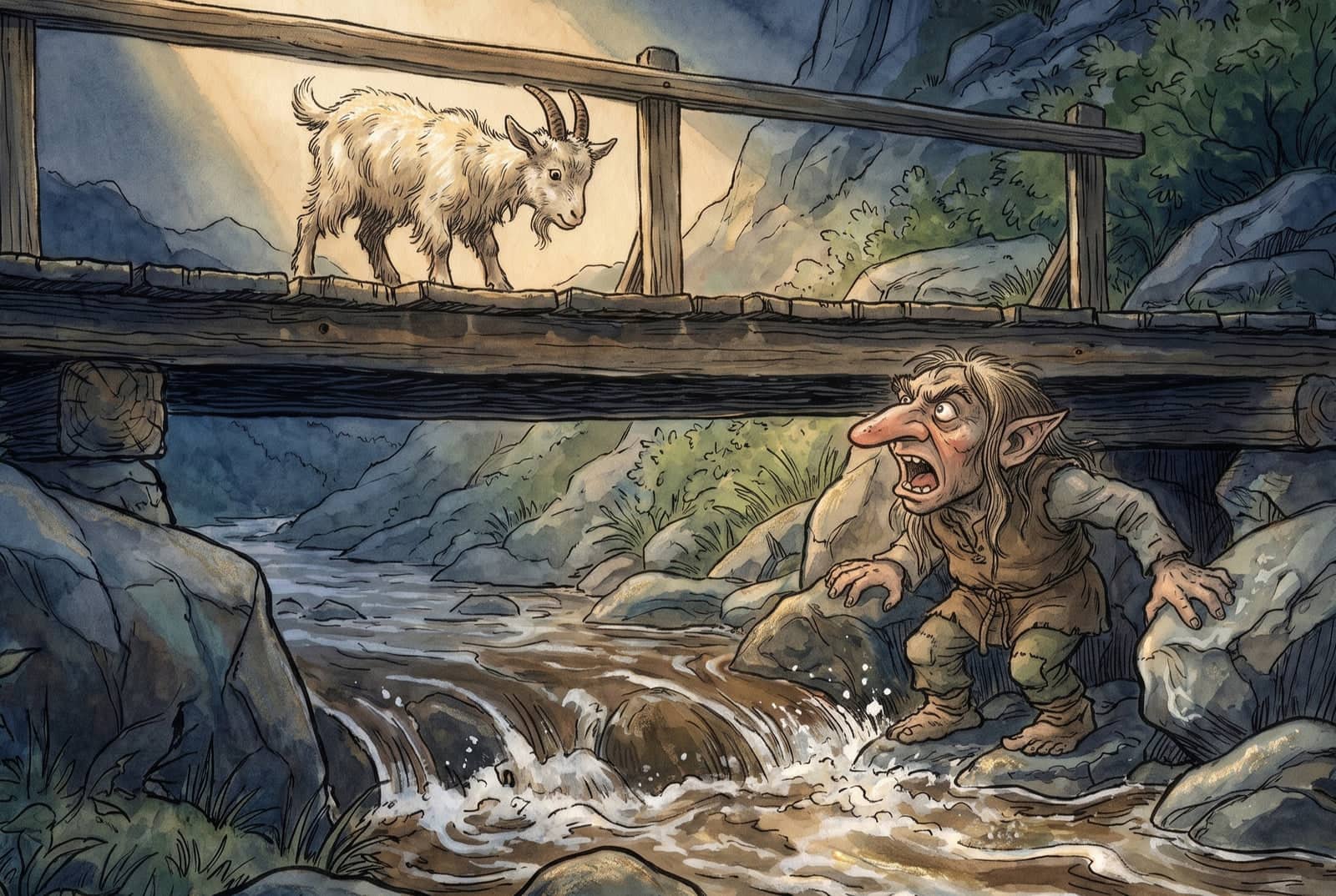 A small white billy goat stops on the plank bridge and looks down at the troll, who leans out from the shadows below with his mouth open, roaring up at him.