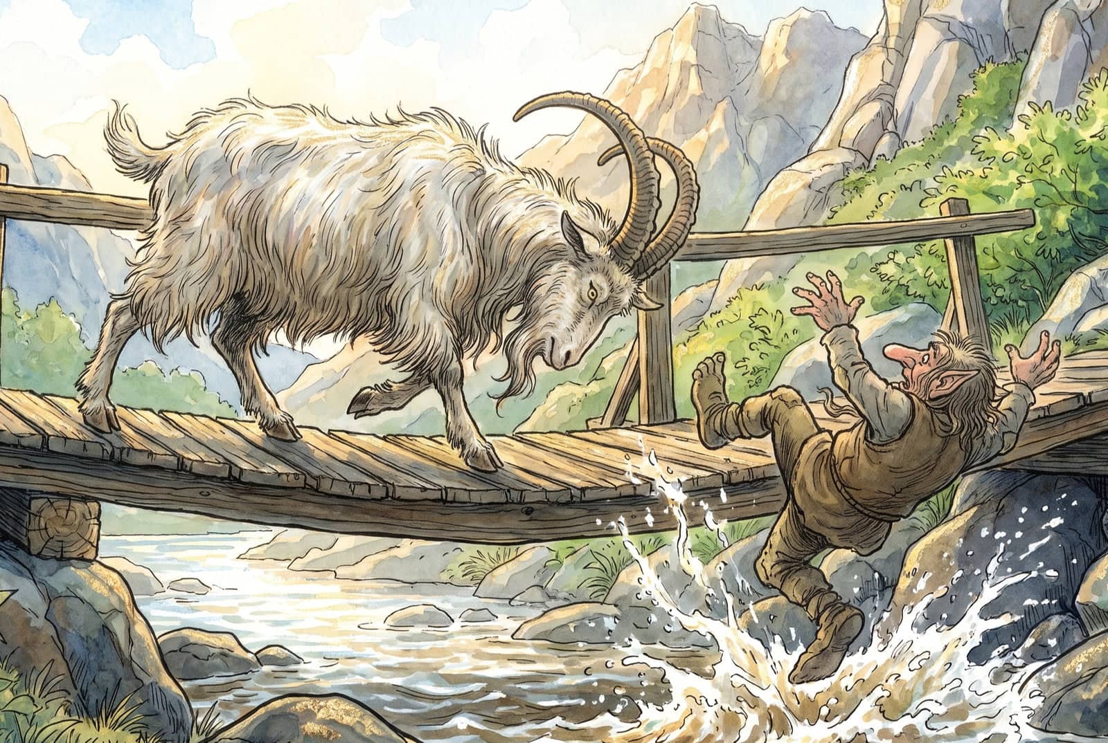 The big goat charges along the bridge with his horns down while the troll tumbles backwards off the planks, arms flung up, toward the white water below.