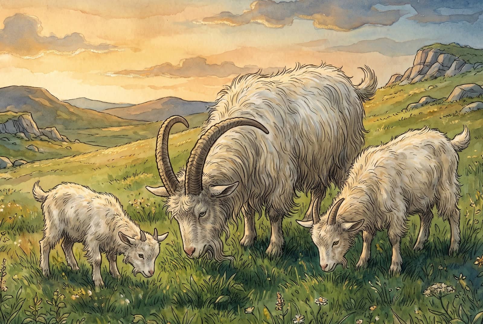 Three goats, one big and two smaller, graze side by side with their heads deep in flowering grass on a green hillside under a gold evening sky.