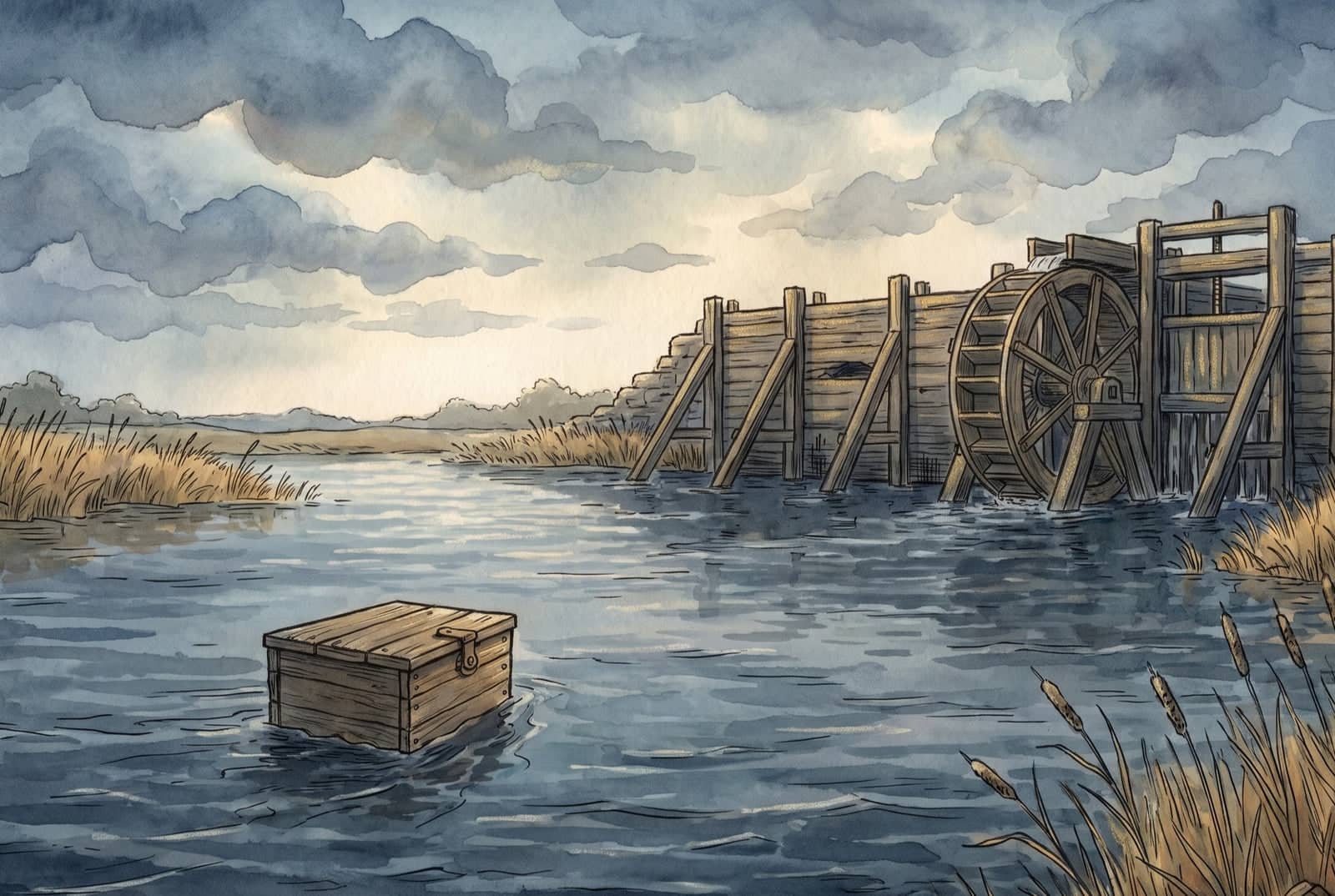 Zavřená dřevěná bedýnka s kováním plave po široké vodě, u břehů se sklání rákosí a opodál stojí dřevěný jez s velkým mlýnským kolem.