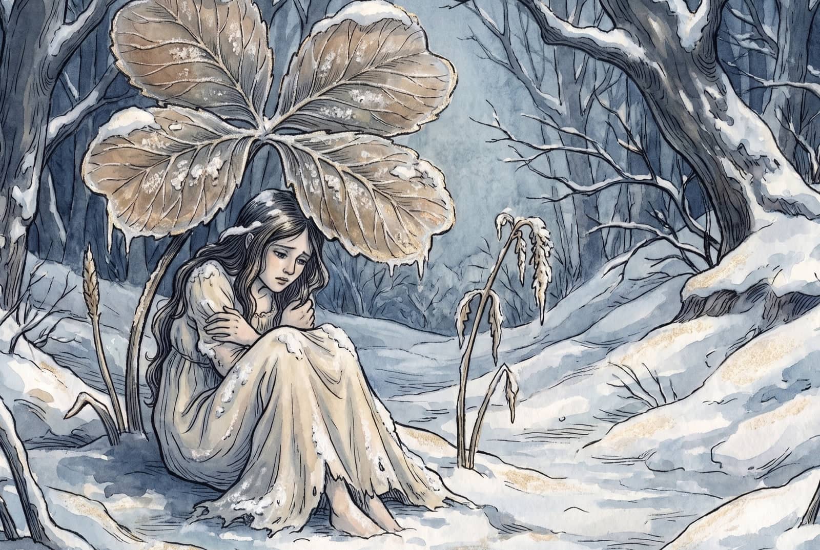 Encolhida na neve debaixo de uma folha seca de trevo, a menina abraça os joelhos; o vestido claro está polvilhado de branco e as árvores em volta estão nuas.