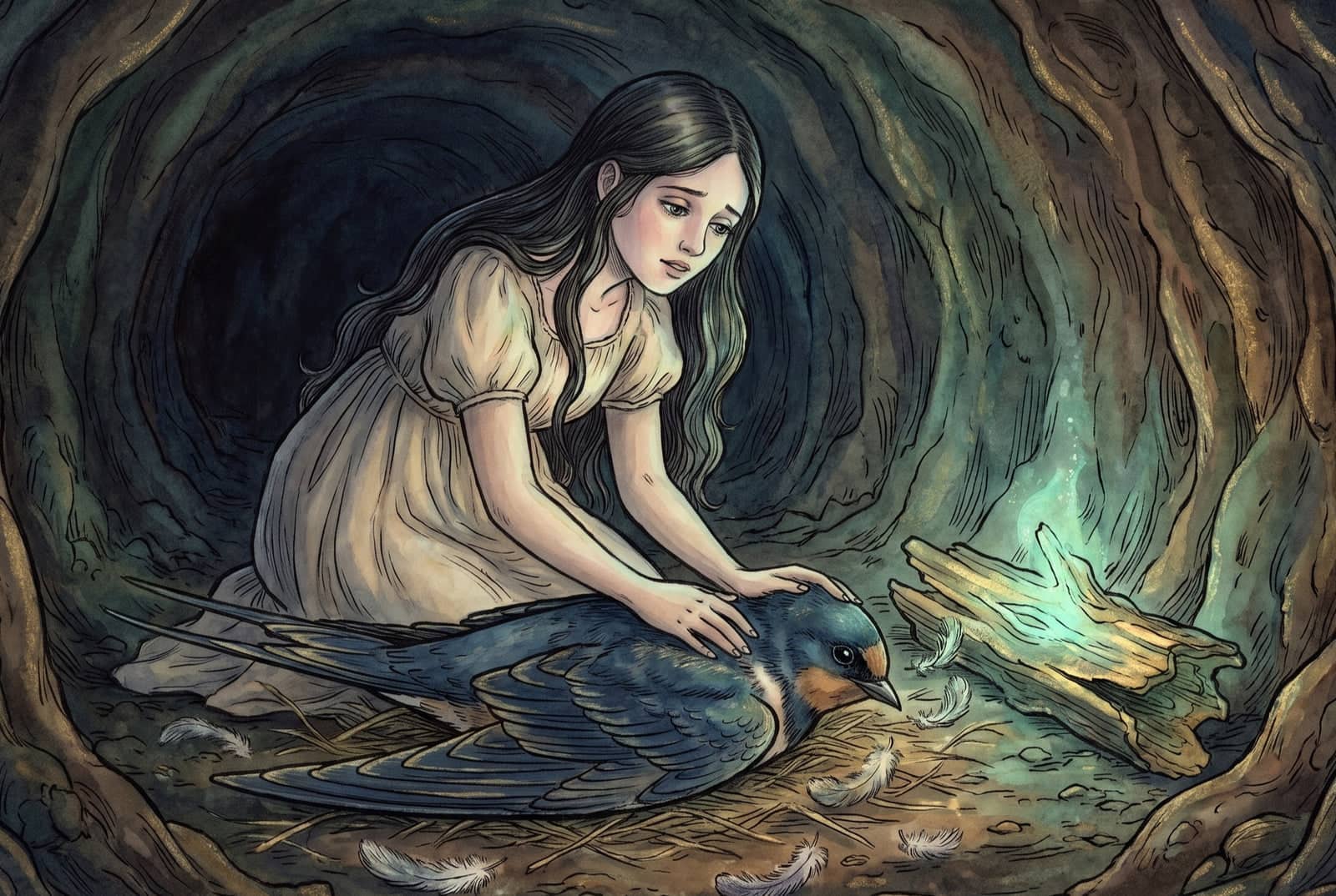 Ajoelhada num túnel de terra, a menina passa as mãos pelas penas de uma andorinha azul caída no feno; ao lado, um pedaço de madeira podre brilha no escuro.