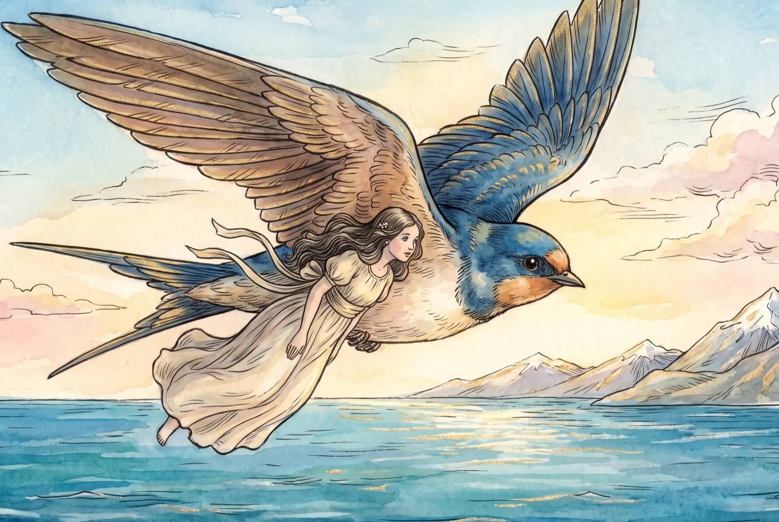 A menina viaja nas costas de uma andorinha em pleno voo, agarrada às penas, com o vestido e o cabelo ao vento sobre o mar azul e montanhas nevadas.