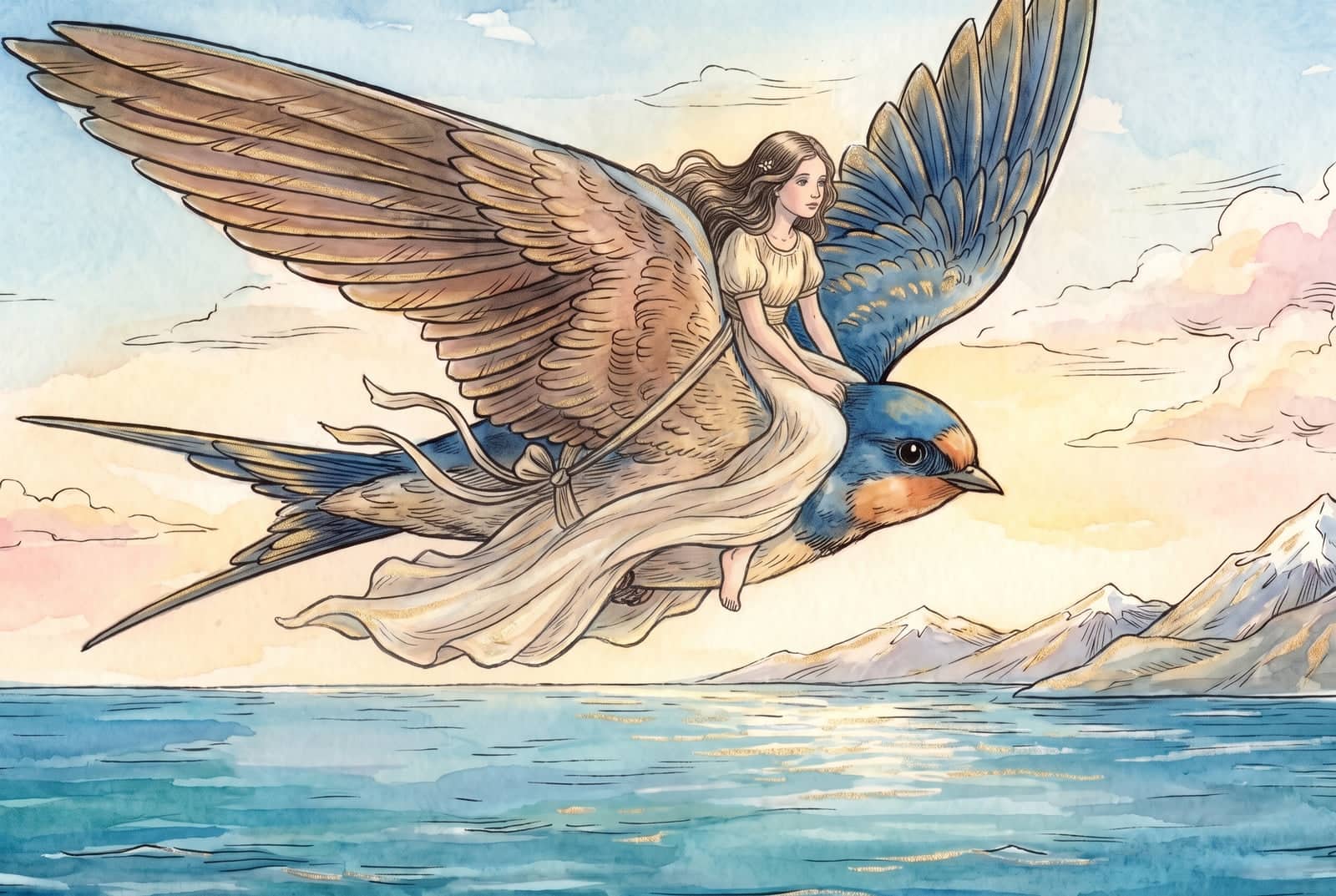 A menina viaja sentada no dorso de uma andorinha em pleno voo, presa pela faixa, com o vestido e o cabelo ao vento sobre o mar azul e montanhas nevadas.