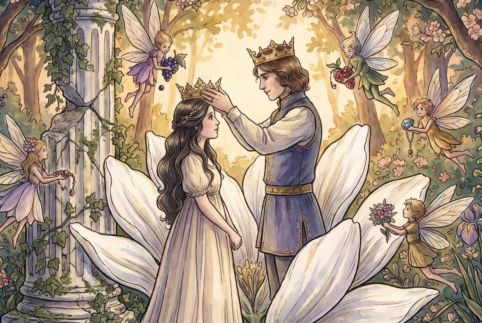 Entre pétalas brancas enormes, um príncipe de coroa dourada põe uma coroa pequena na cabeça da menina; em volta, seres alados trazem uvas, frutinhas e flores.